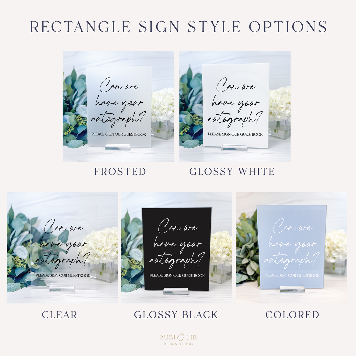 Wedding guestbook sign material and color comparison showing frosted, glossy white, clear, glossy black, and colored rectangular acrylic options.
