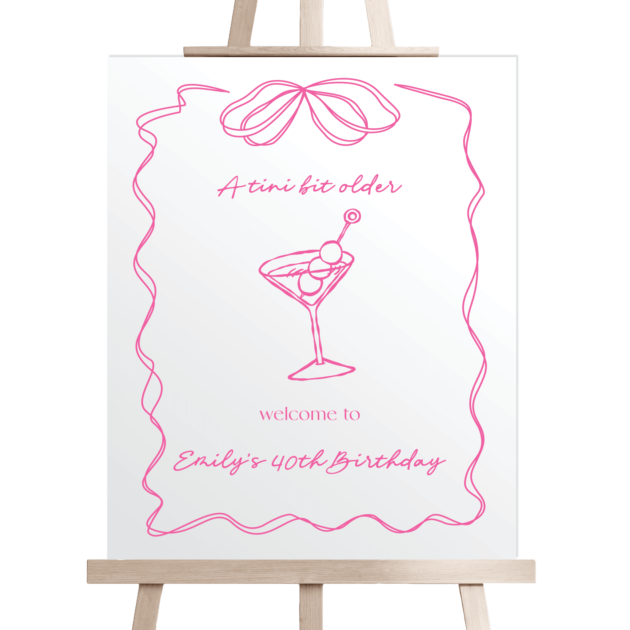 Pink line art welcome sign on white background featuring cocktail glass and wavy border with personalized text for Emily's week birthday.