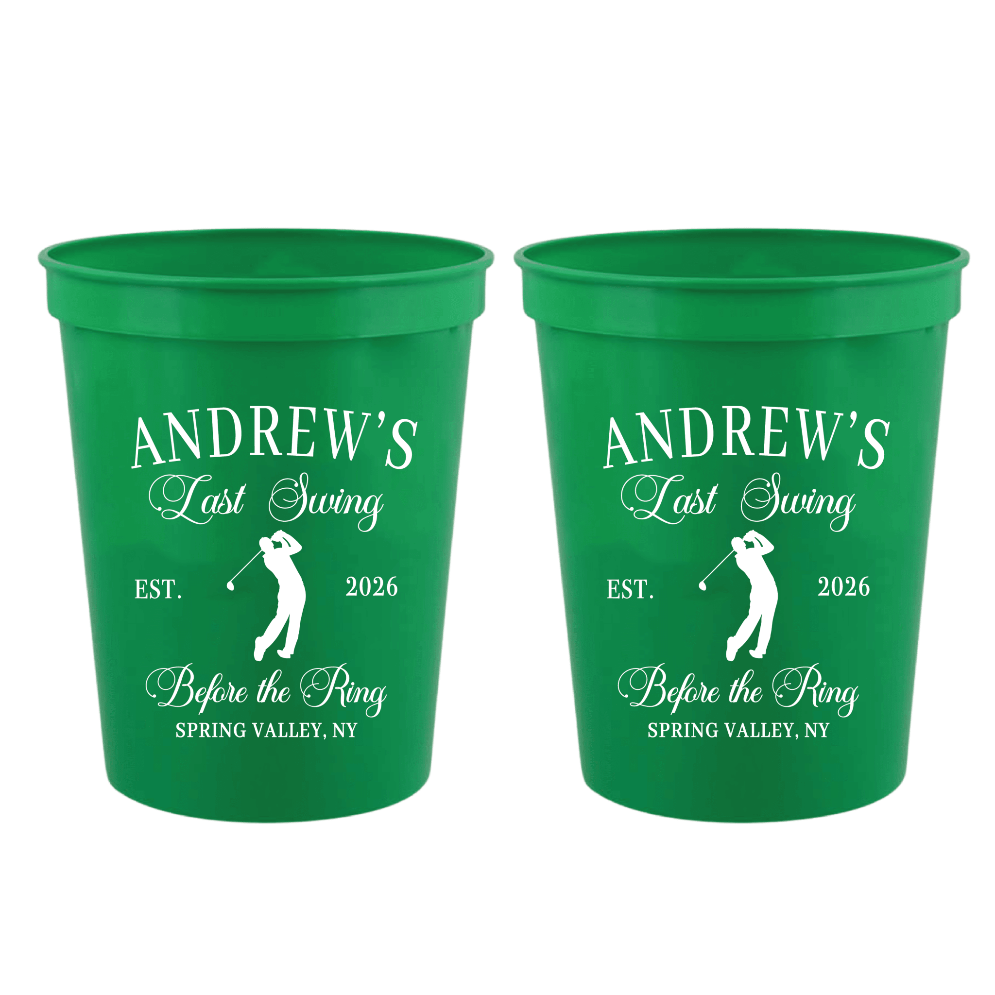 Green stadium cups with white text reading "Andrew's Last Swing" and golf player silhouette, established 2026, "Before the Ring" and location details.