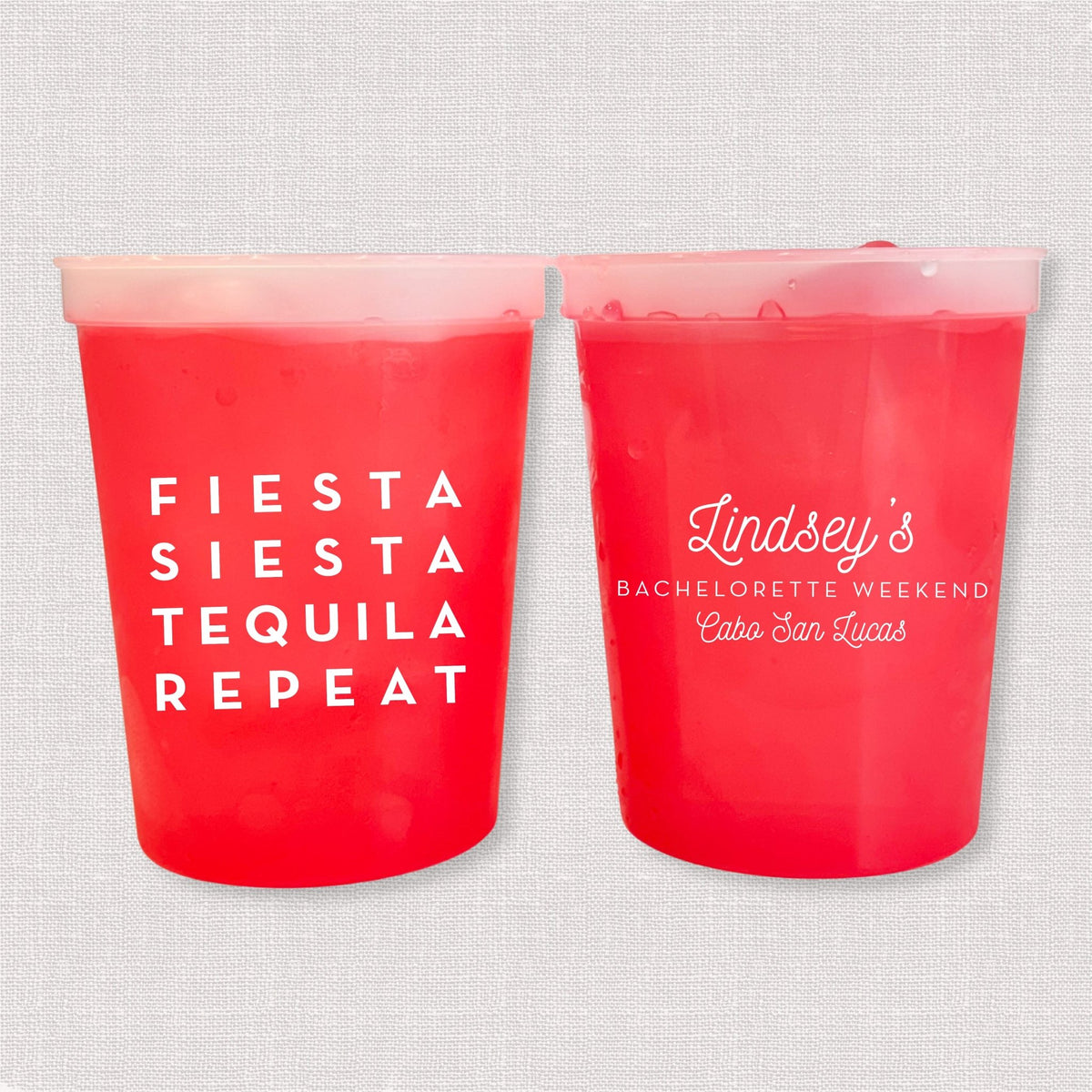 Red color changing bachelorette stadium cups with Fiesta Siesta Tequila Repeat and Lindsey's bachelorette weekend