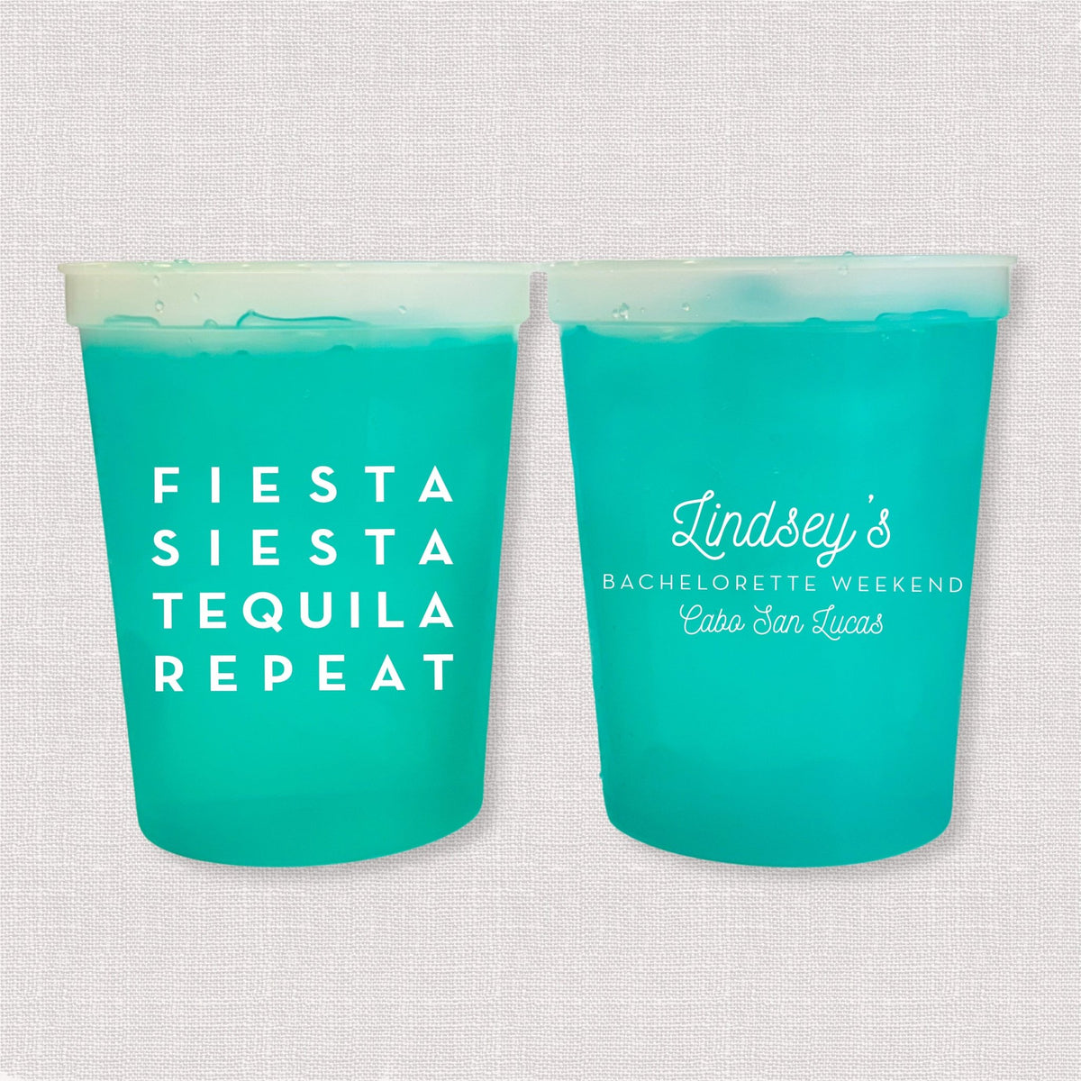 Teal color changing bachelorette stadium cups with Fiesta Siesta Tequila Repeat and Lindsey's bachelorette weekend