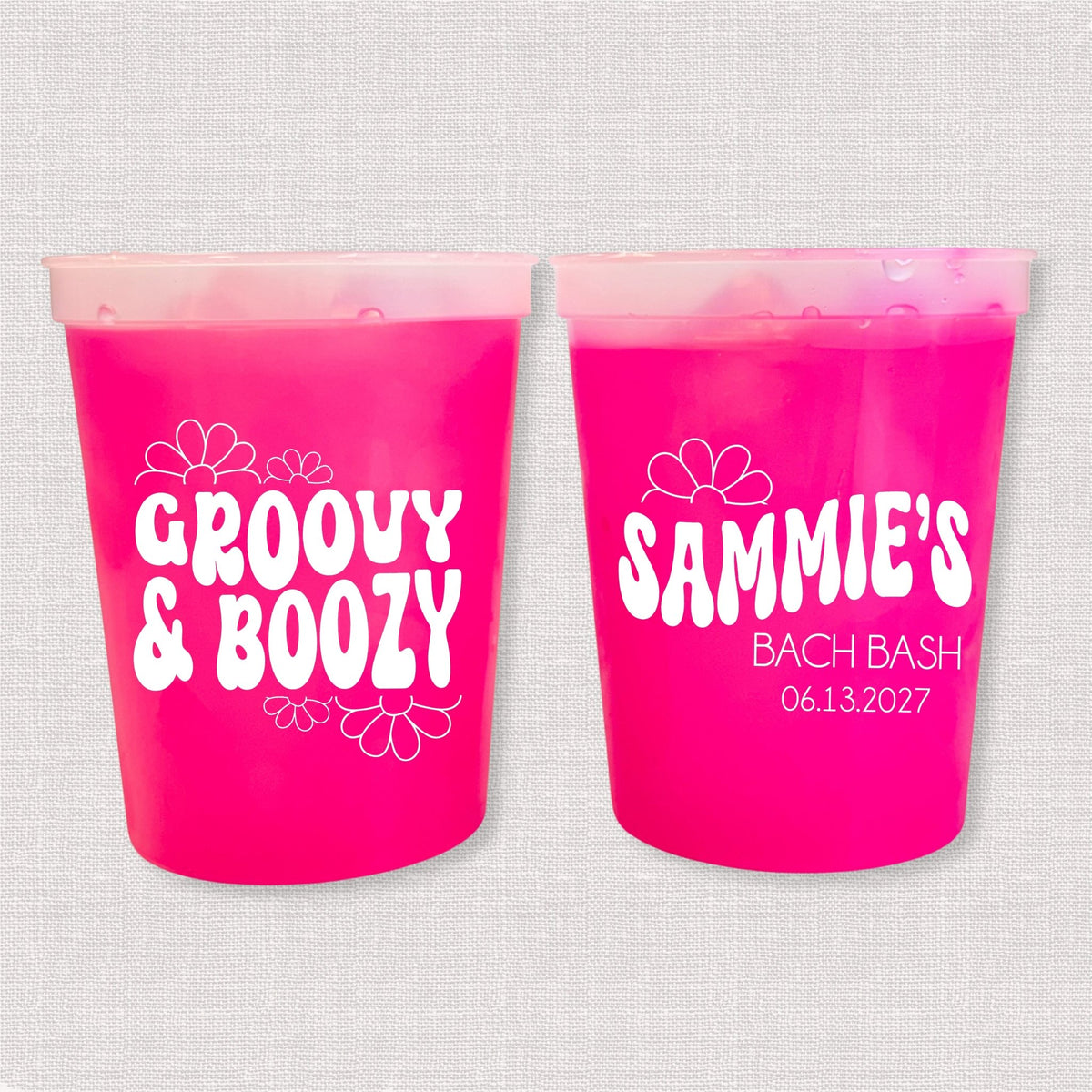 Magenta color changing bachelorette stadium cups with Groovy & Boozy retro design and Sammie's Bach Bash