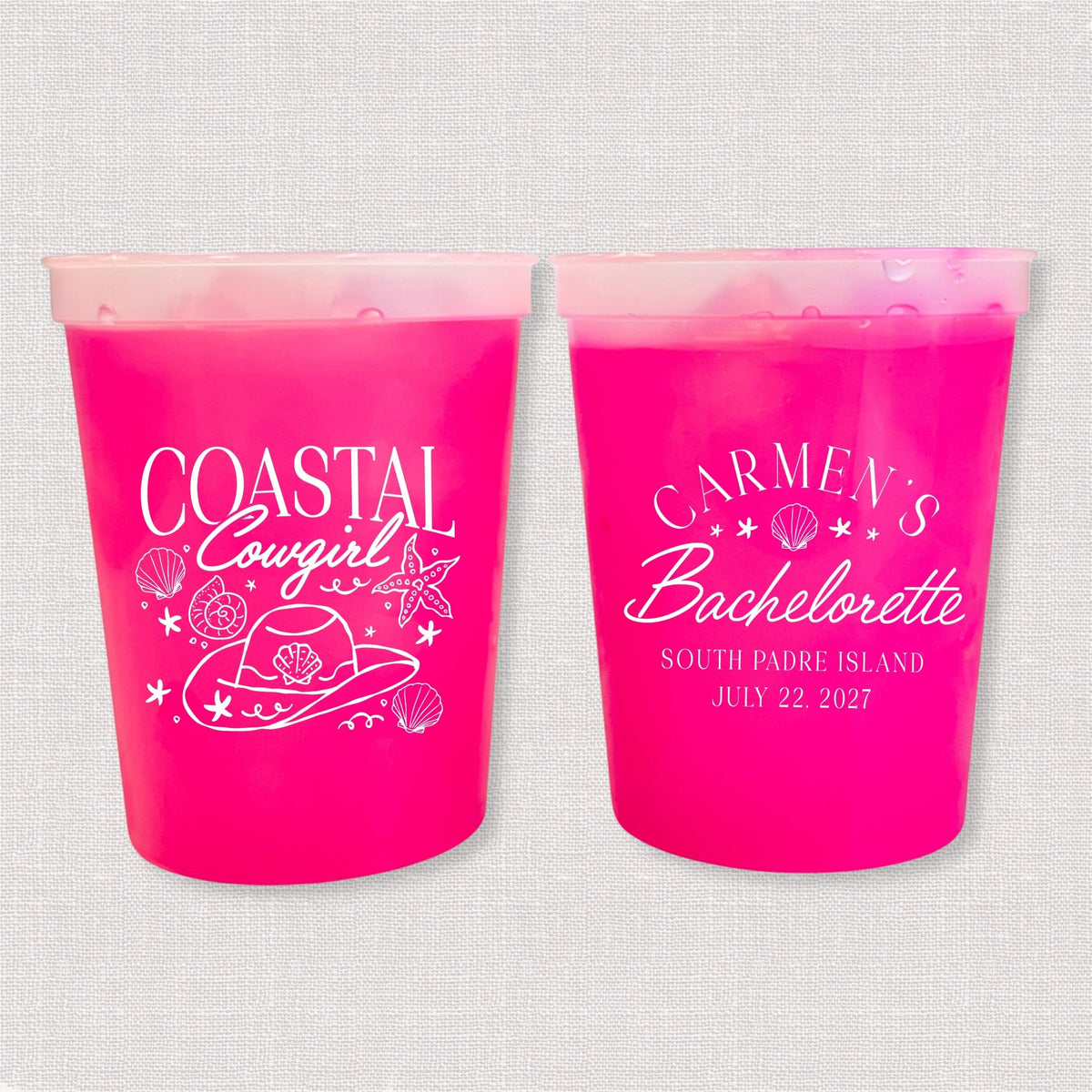 Magenta color changing bachelorette stadium cups with Coastal Cowgirl hat and seashells and Carmen's Bachelorette
