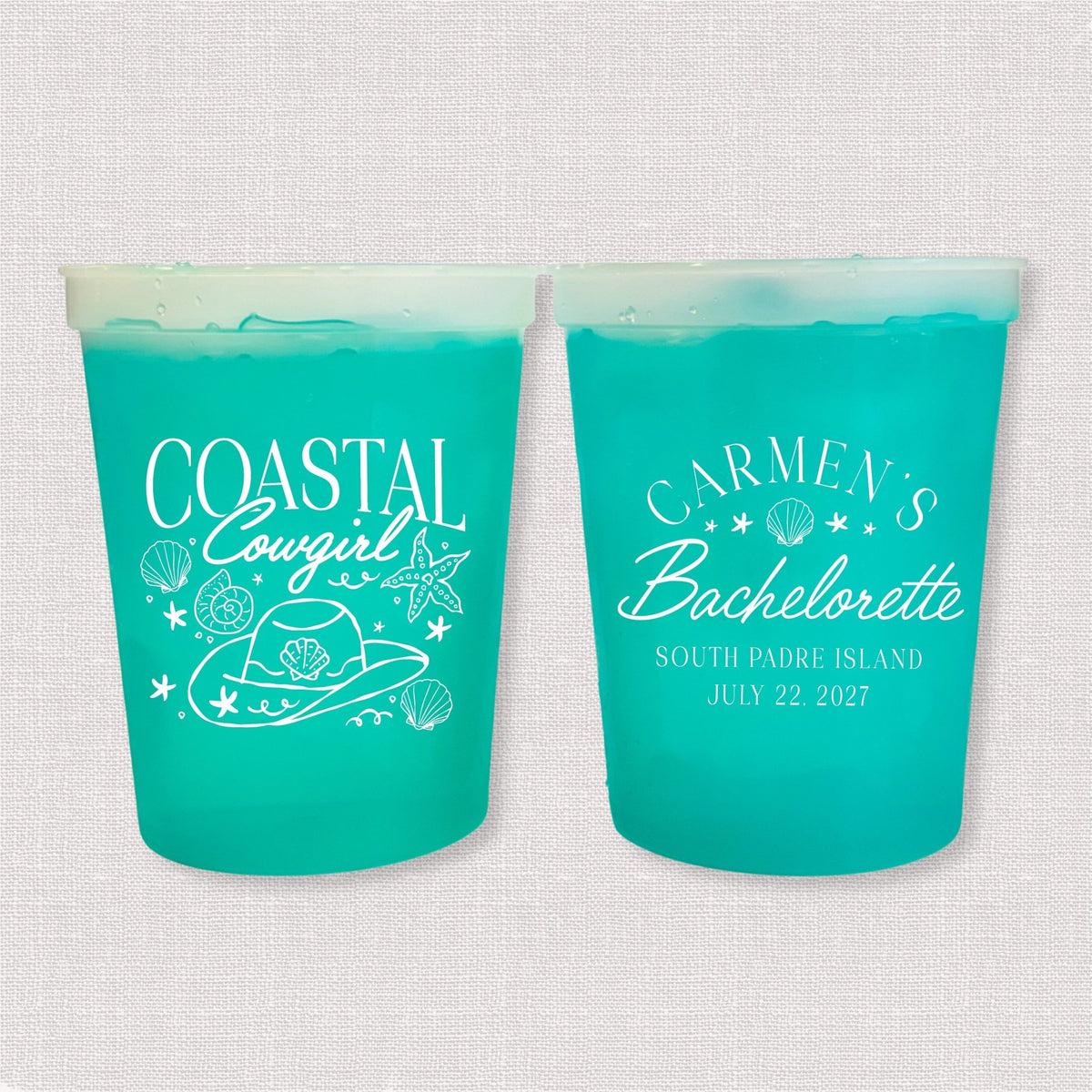 Teal color changing bachelorette stadium cups with Coastal Cowgirl hat and seashells and Carmen's Bachelorette