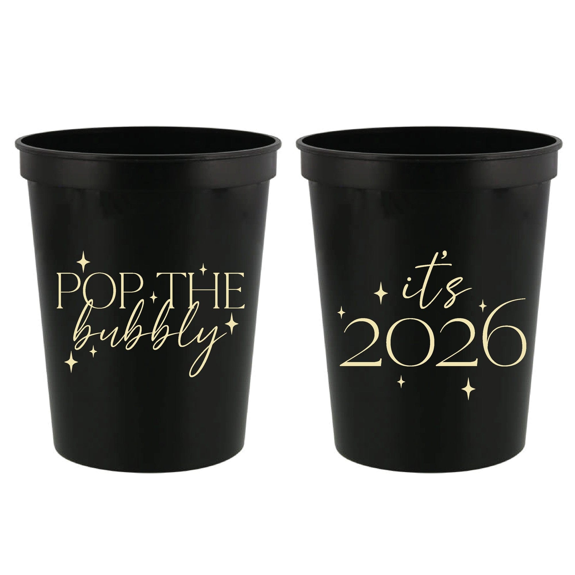 Two black plastic reusable party cups are shown with elegant gold foil designs, intended for serving beverages at a celebratory event like a wedding or engagement party.