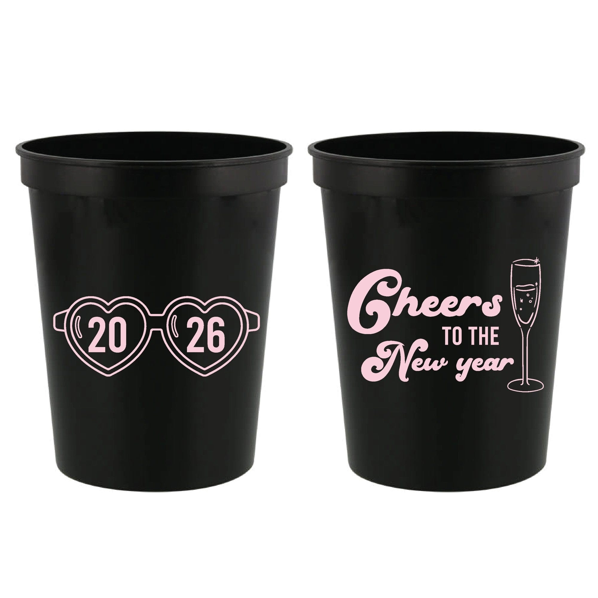 Two black plastic reusable cups for a New Year's party, featuring festive heart-shaped glasses and a champagne flute graphic with celebratory text.
