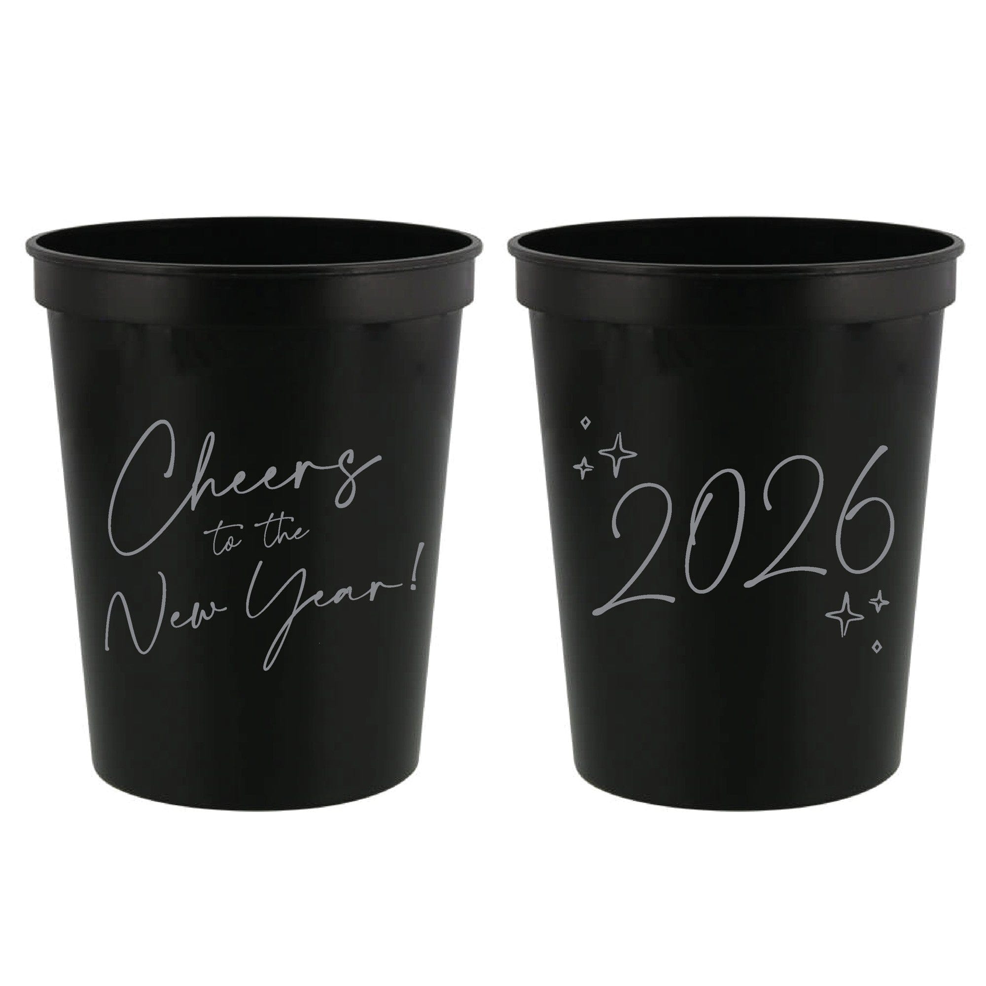 Two black plastic party cups featuring celebratory script and sparkling star designs, ideal for New Year's Eve events.
