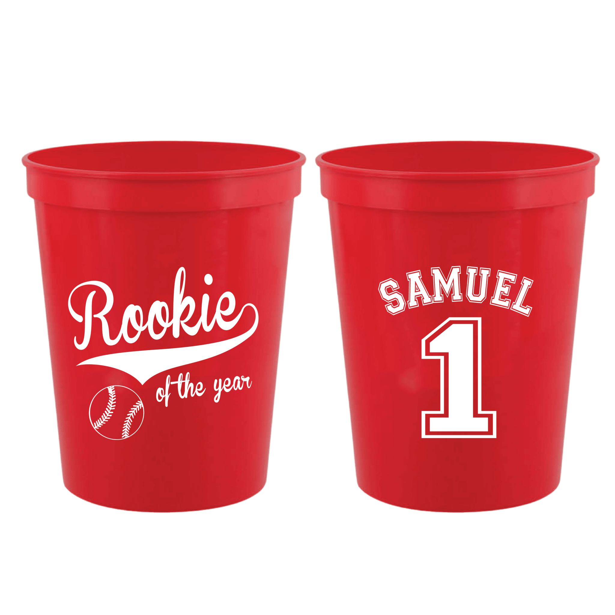 Red stadium cups with "Rookie of the year" and baseball design on front, personalized name and number on back