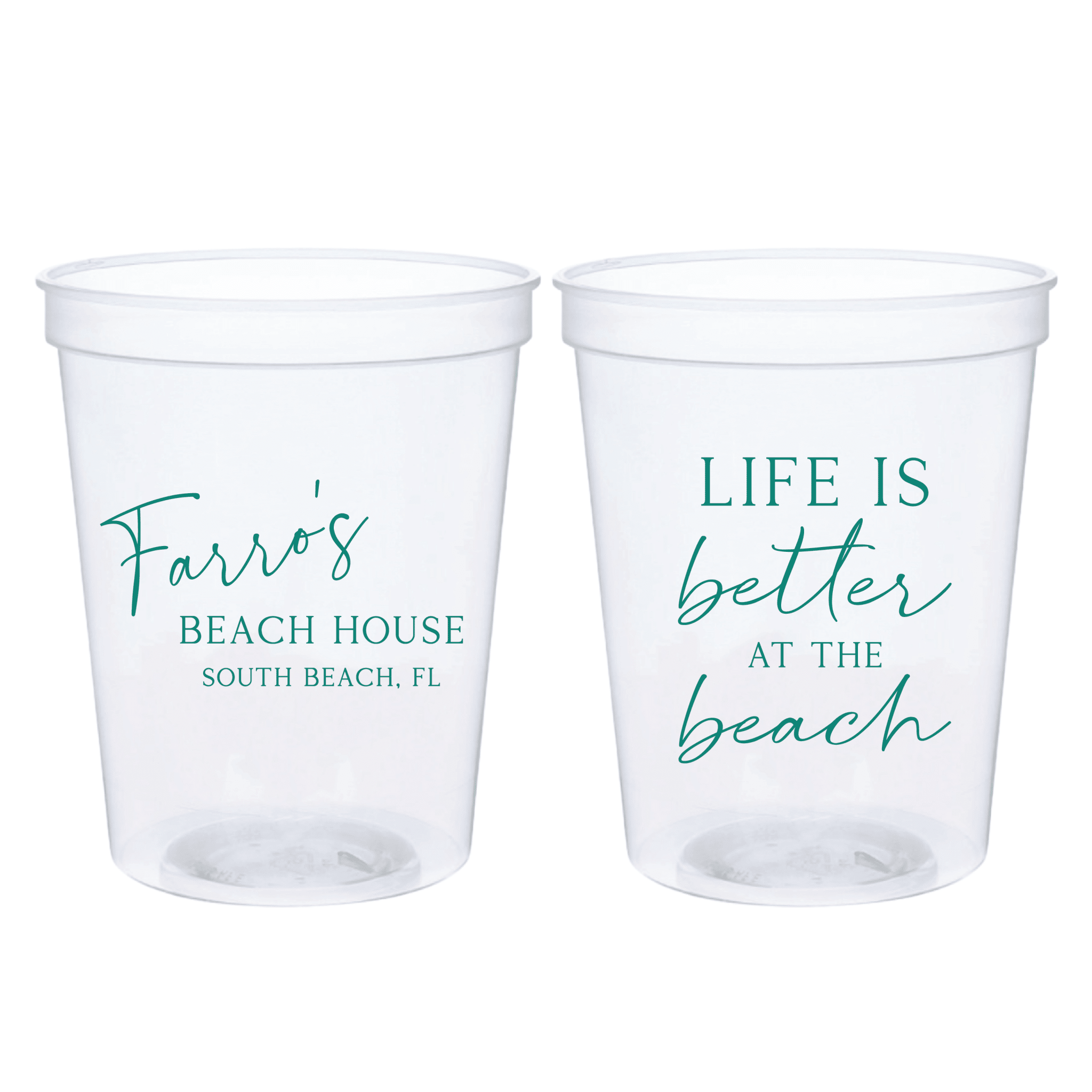 Two clear stadium cups with teal text, one reading "Farros Beach House South Beach, FL" and the other "Life is better at the beach"