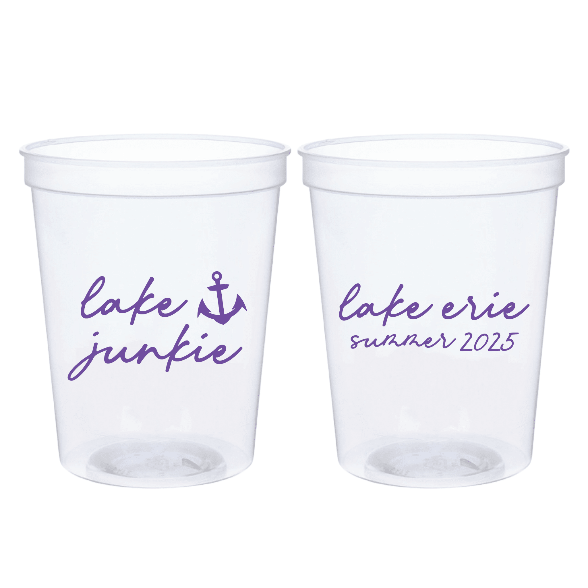 Two clear plastic stadium cups with purple text reading "lake junkie" with anchor design and "lake erie summer 2025" personalization.