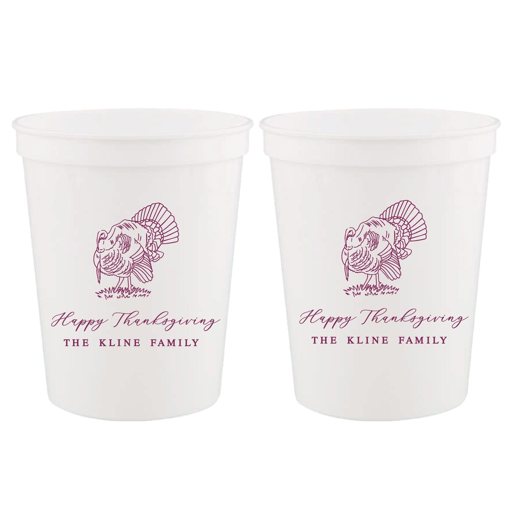 Two white plastic stadium cups, each featuring a festive purple outline turkey graphic, ideal for a Thanksgiving event.