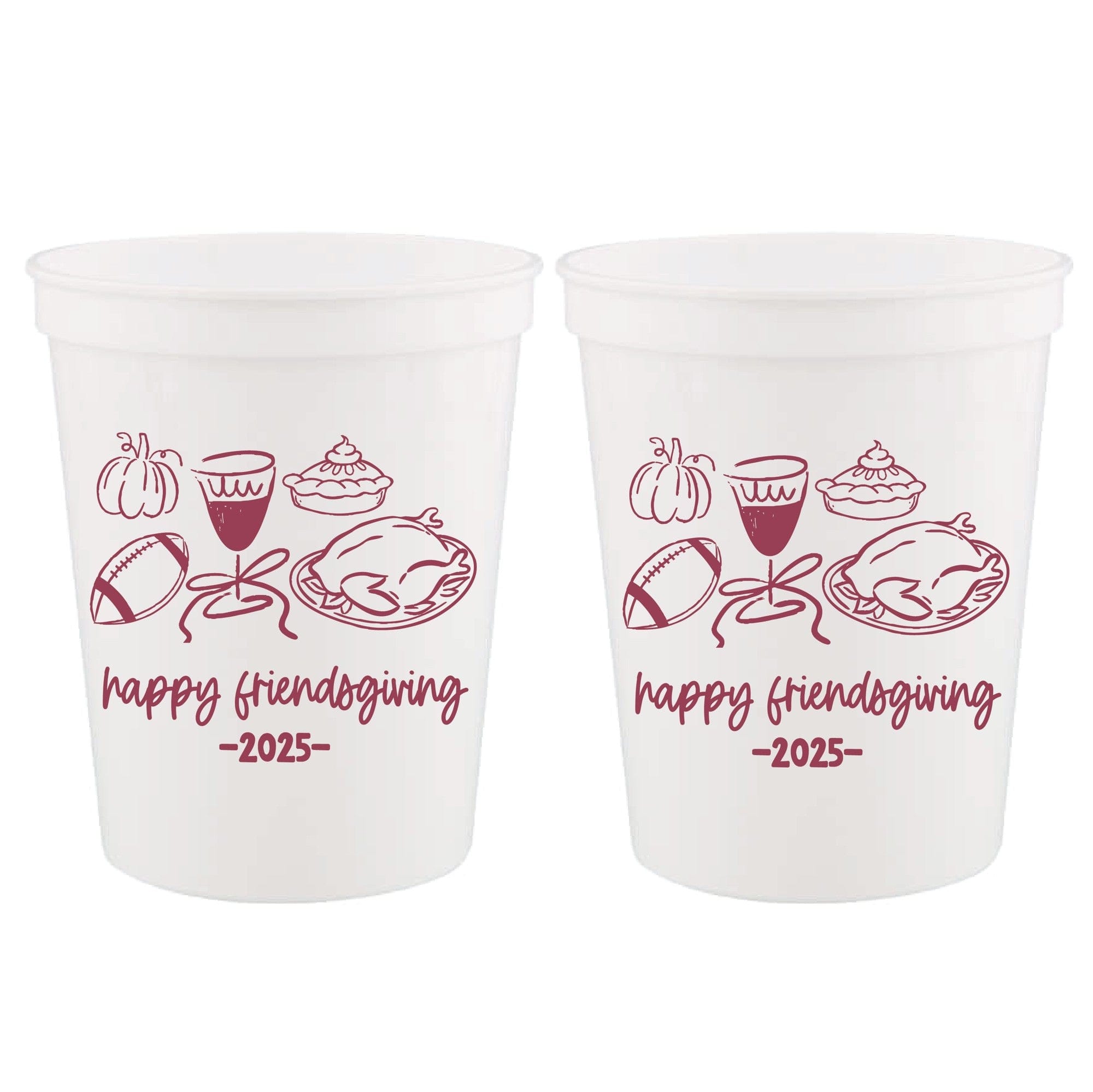Two white plastic party cups featuring fall and Thanksgiving-themed illustrations including a pumpkin, wine glass, pie, football, and a roasted turkey, designed for a Friendsgiving celebration.