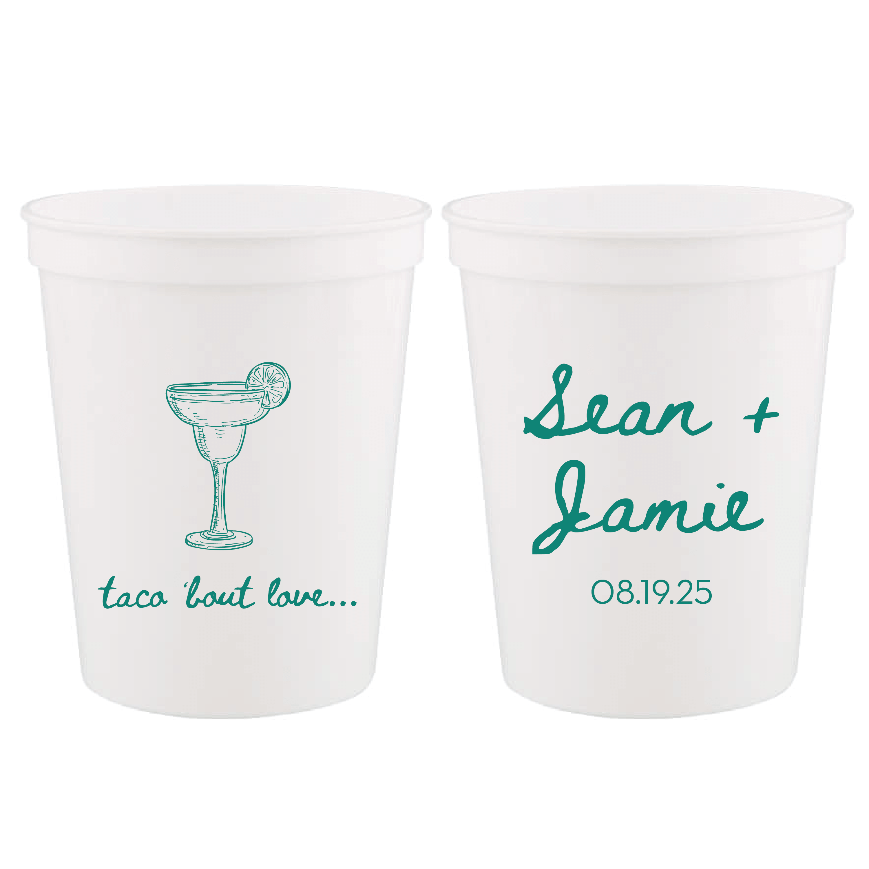 Pair of frosted stadium cups with teal designs: one features a margarita glass and "taco 'bout love..." text, the other displays "Sean + Jamie" with wedding date 08.19.25