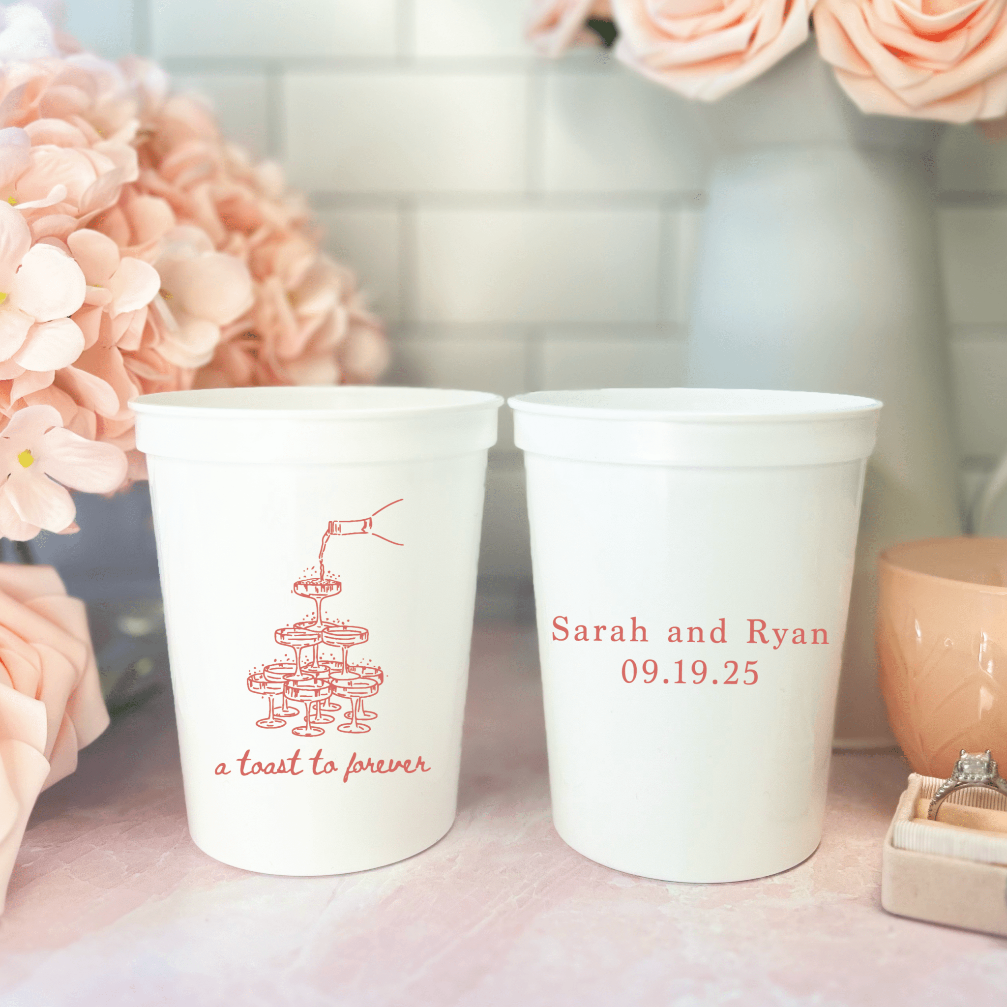 A Toast to Forever wedding stadium cups personalized with couple names