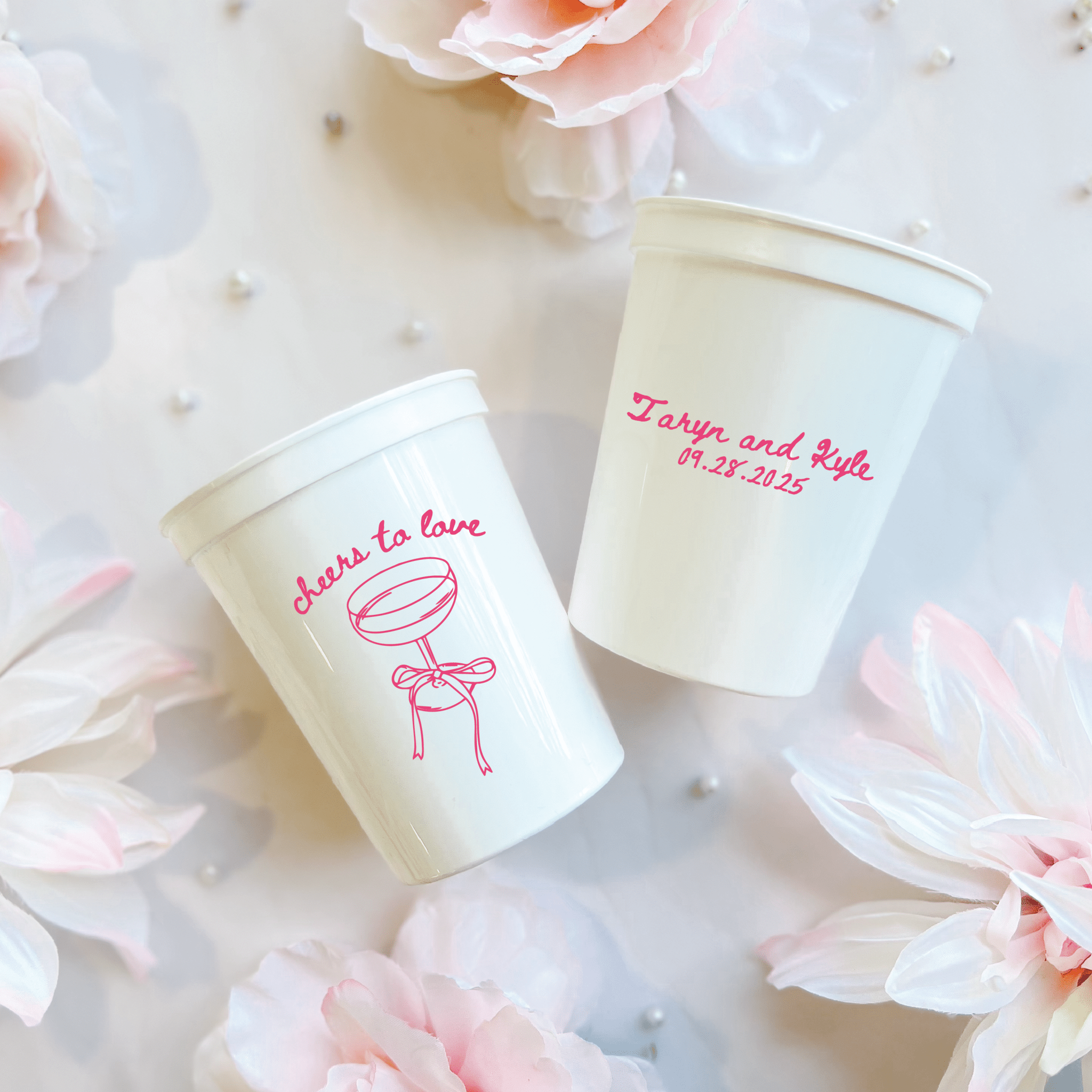 Cheers to Love wedding stadium cups personalized with couple names
