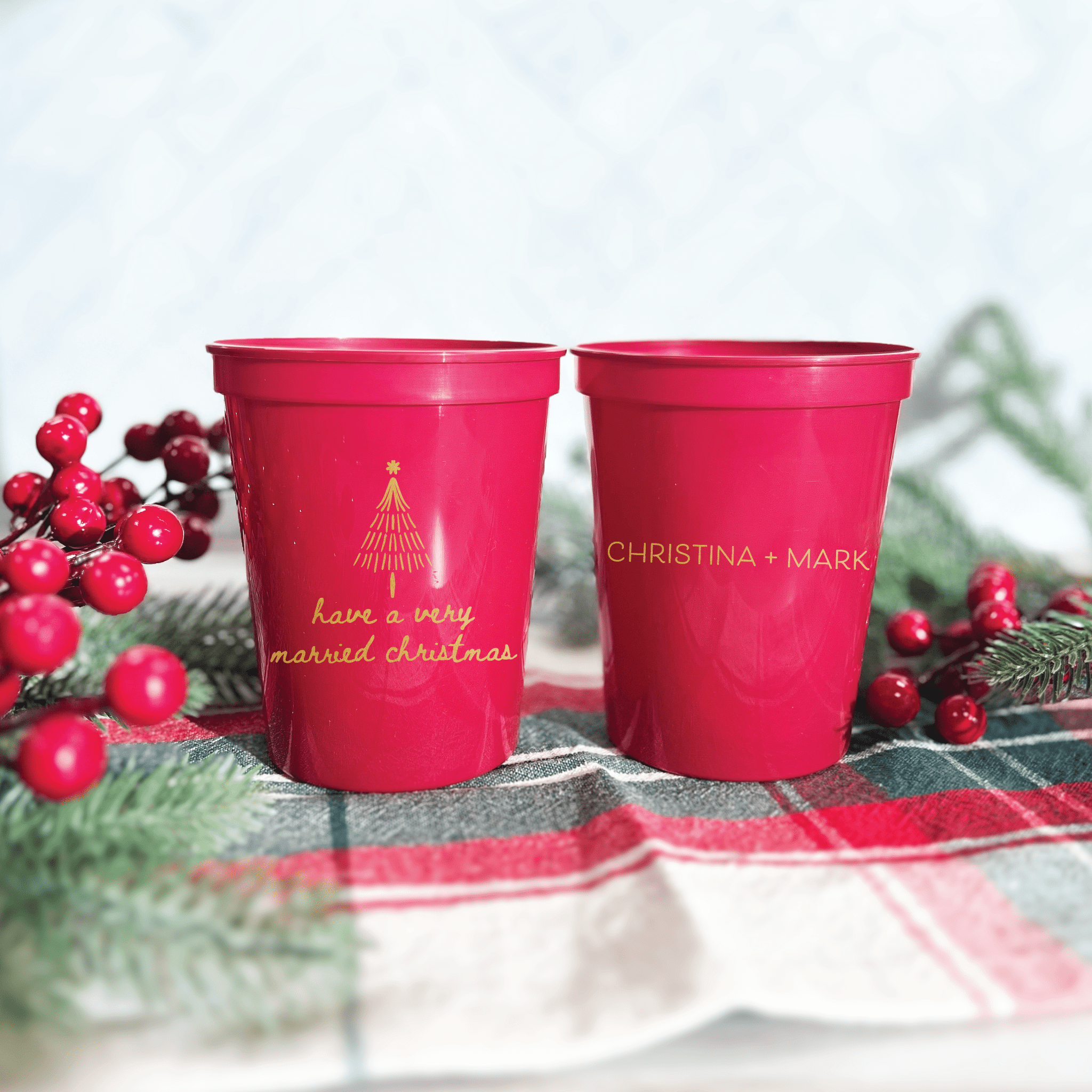 Have A Very Married Christmas wedding stadium cups with tree design