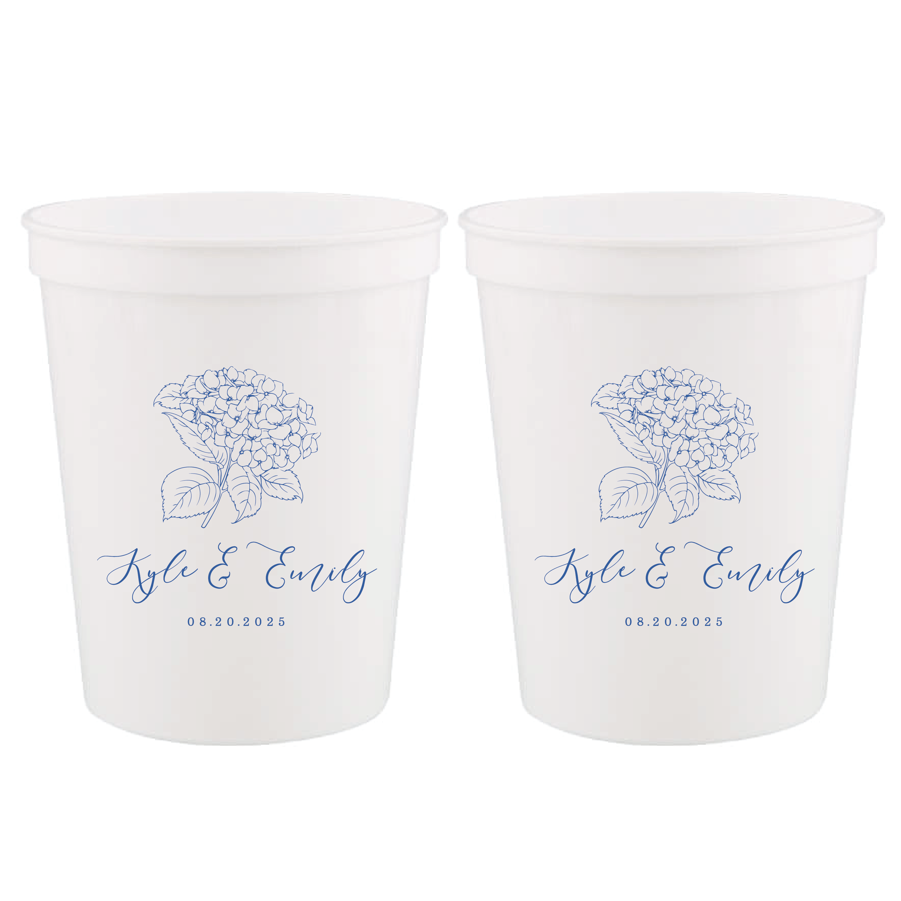 Two frosted stadium cups with blue hydrangea design and personalized names "Ayla & Emery" with wedding date