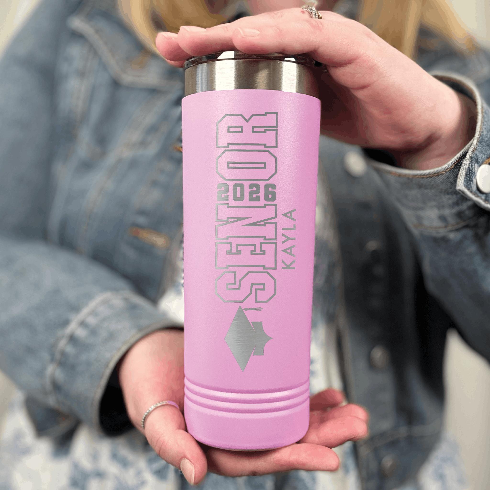 Pink skinny tumbler with personalized senior text and geometric diamond design