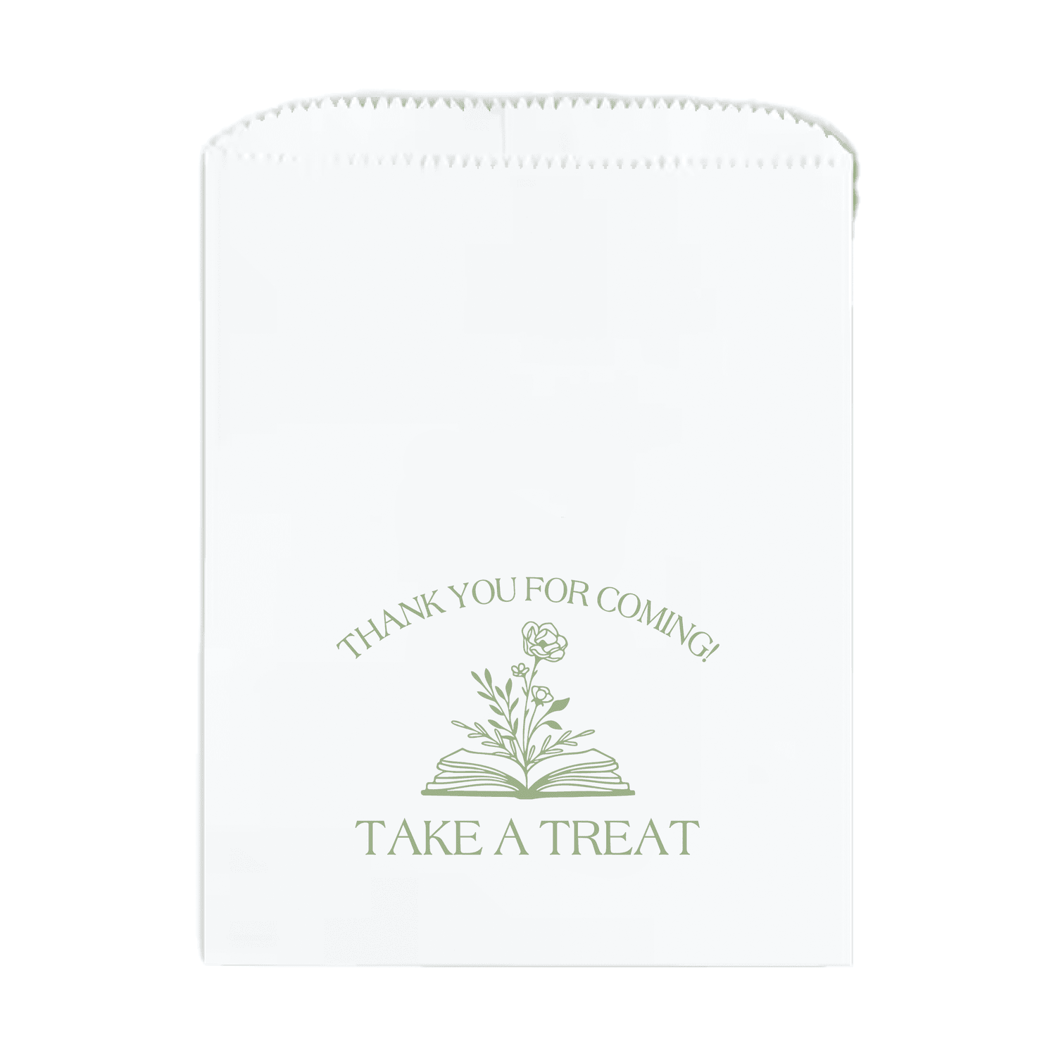 Baby shower treat bag with foil-stamped floral book design and thank you message