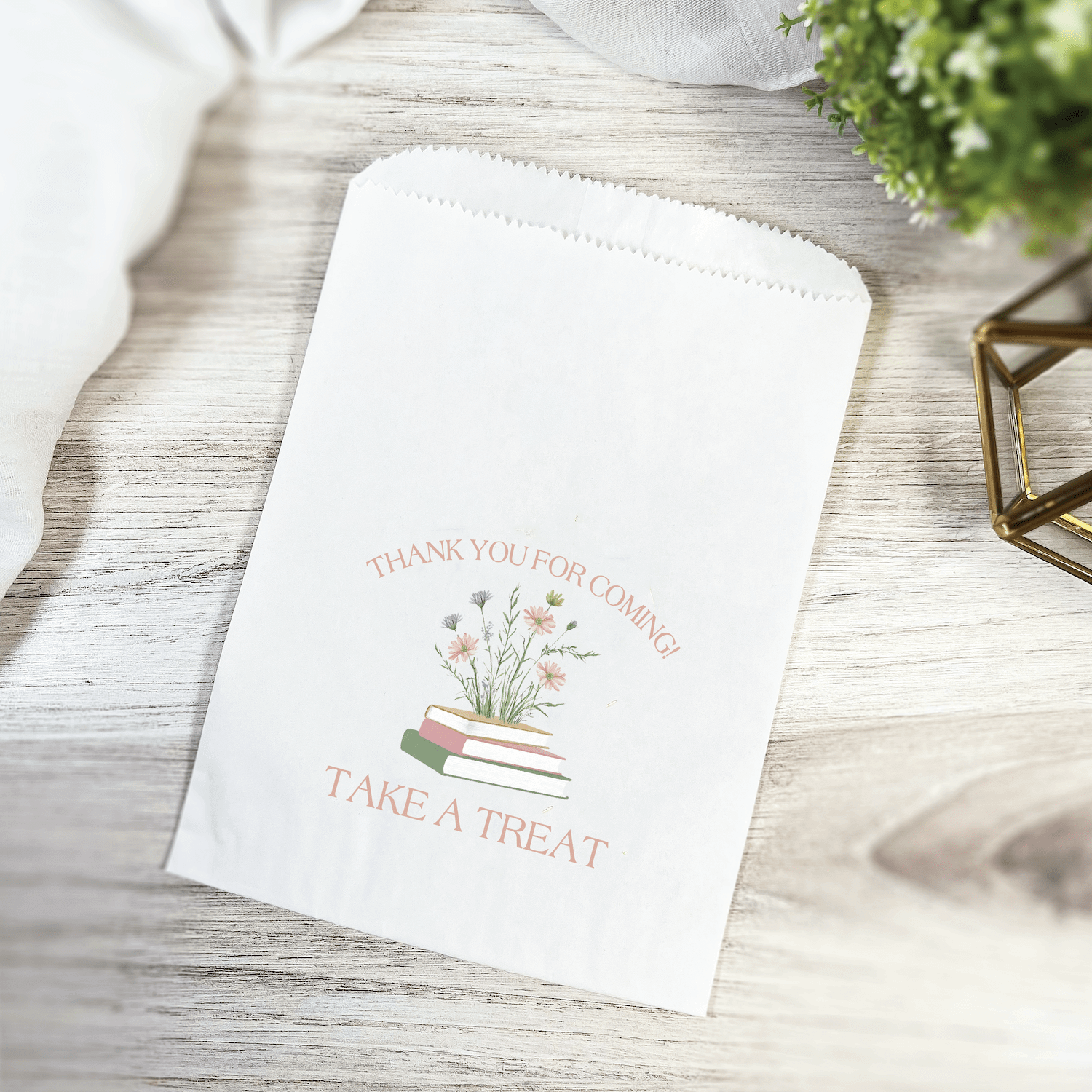 Baby shower treat bag with full color floral book design and thank you message