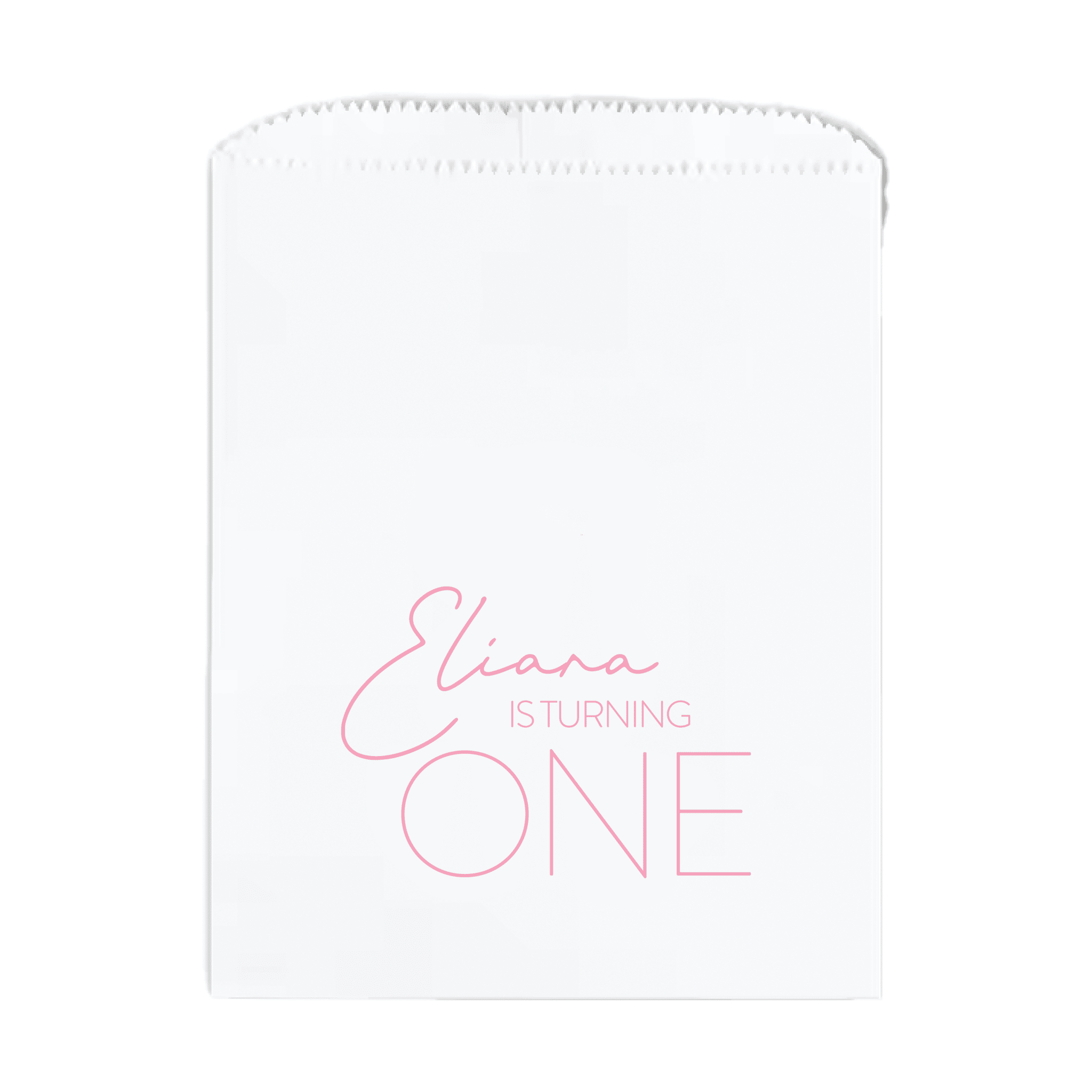 White treat bag with pink text reading "Eliana is turning one"