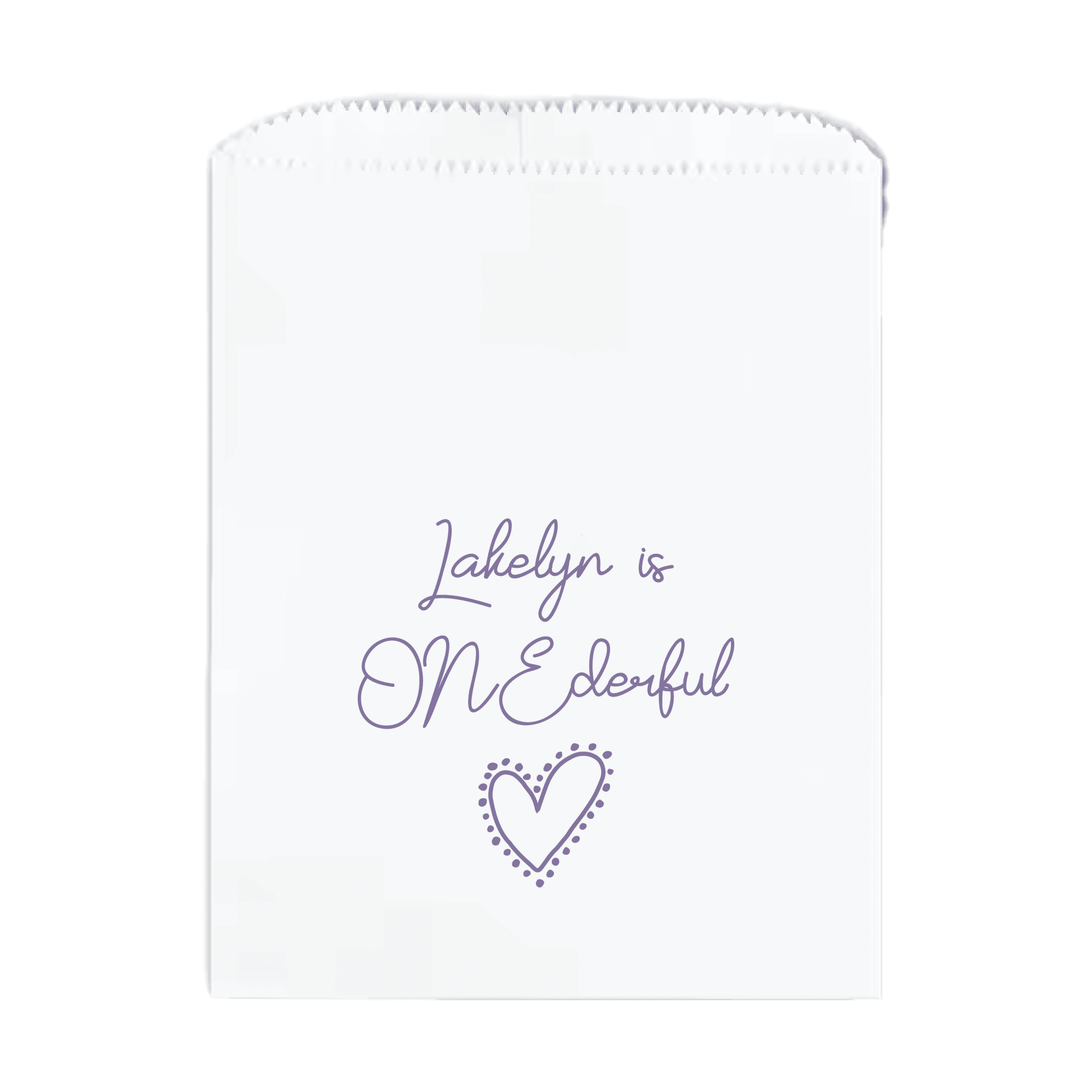 White treat bag with "Jakelyn is ONEderful" text and purple heart design