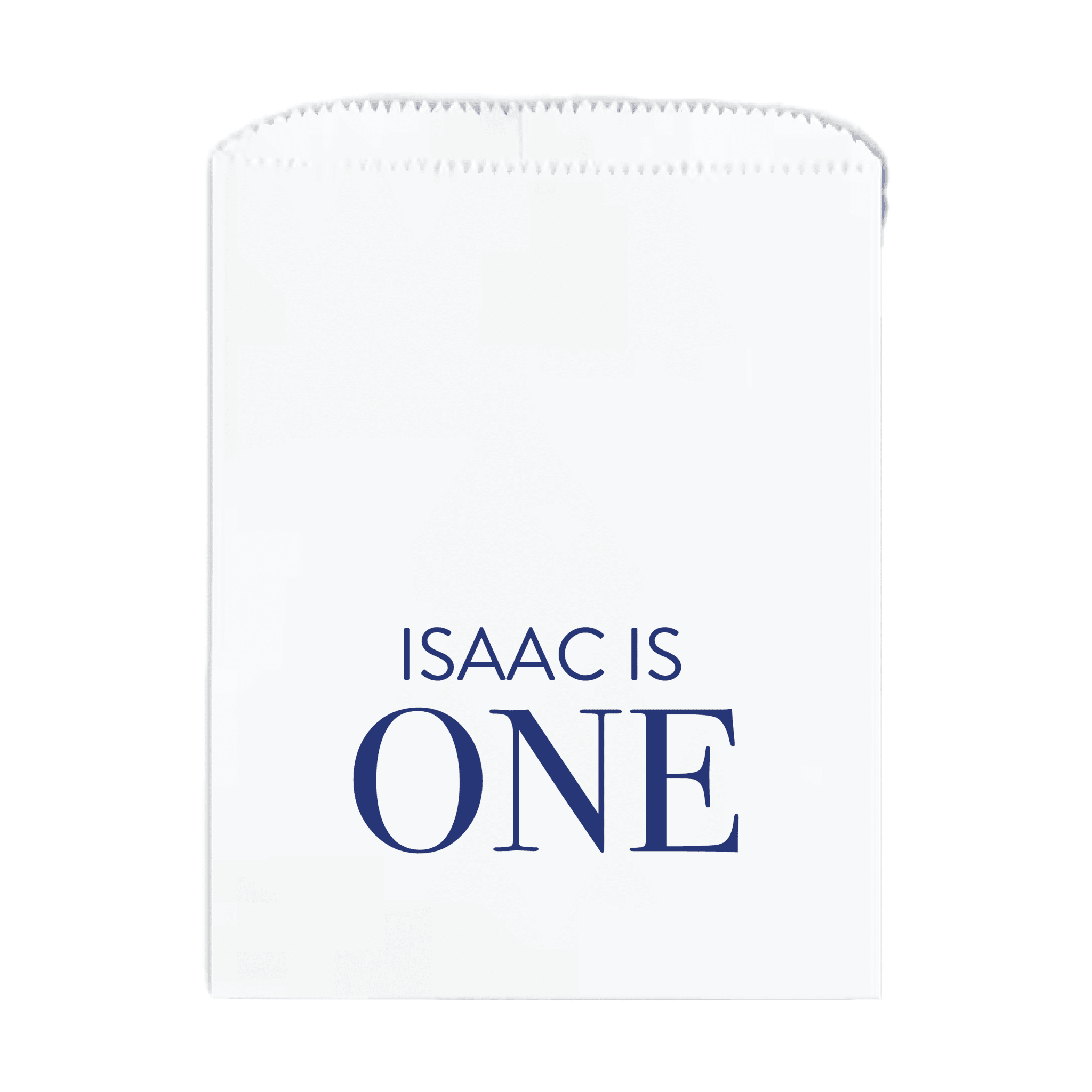 White paper treat bag with navy blue text reading "ISAAC IS ONE"