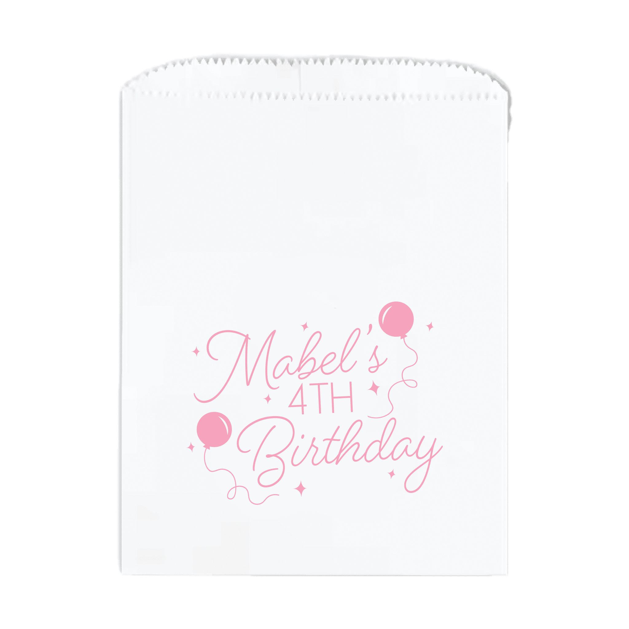 White paper treat bag with pink script text reading "Mabel's 4TH Birthday" surrounded by pink balloon and confetti designs