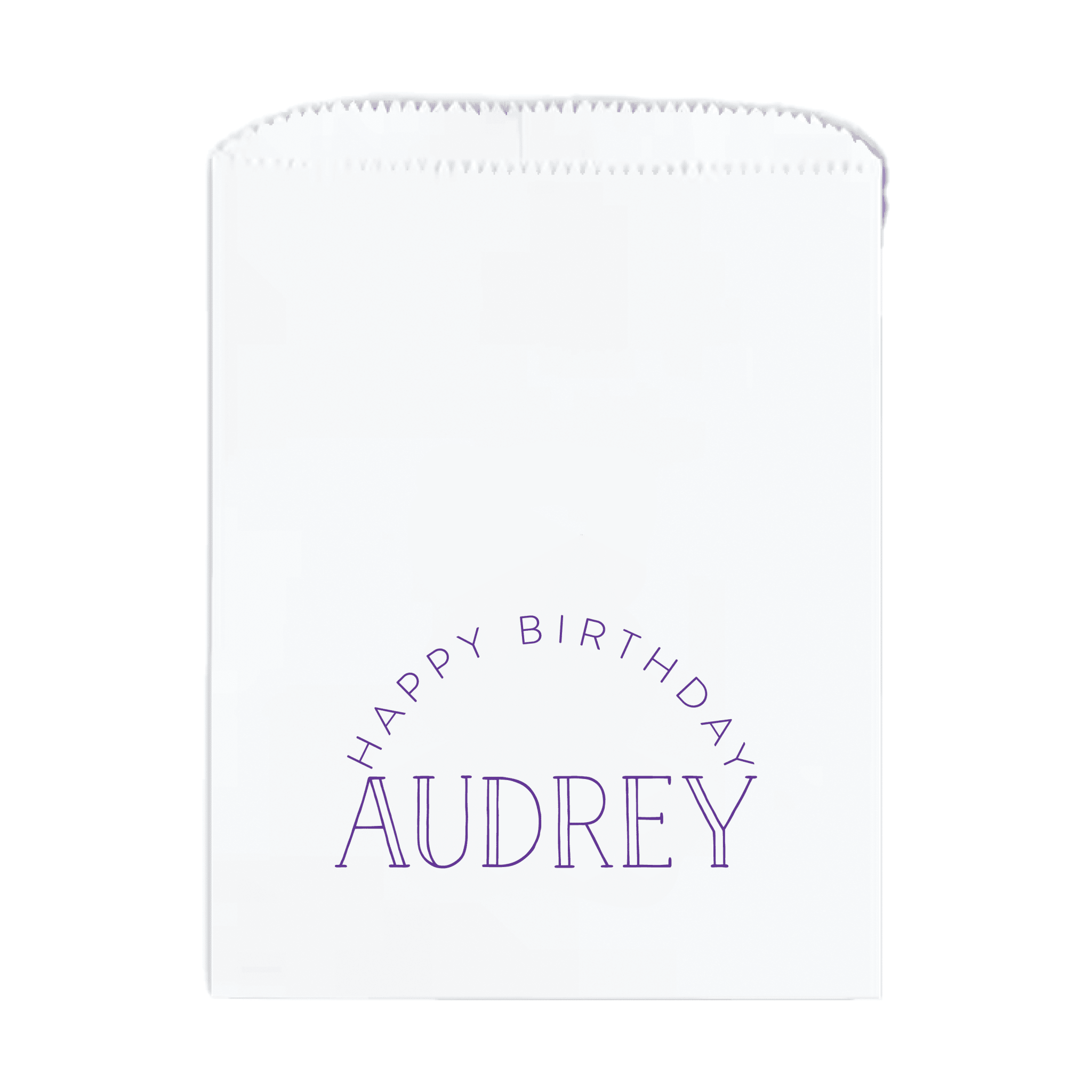 White treat bag with purple text reading "Happy Birthday Audrey" in an arch design