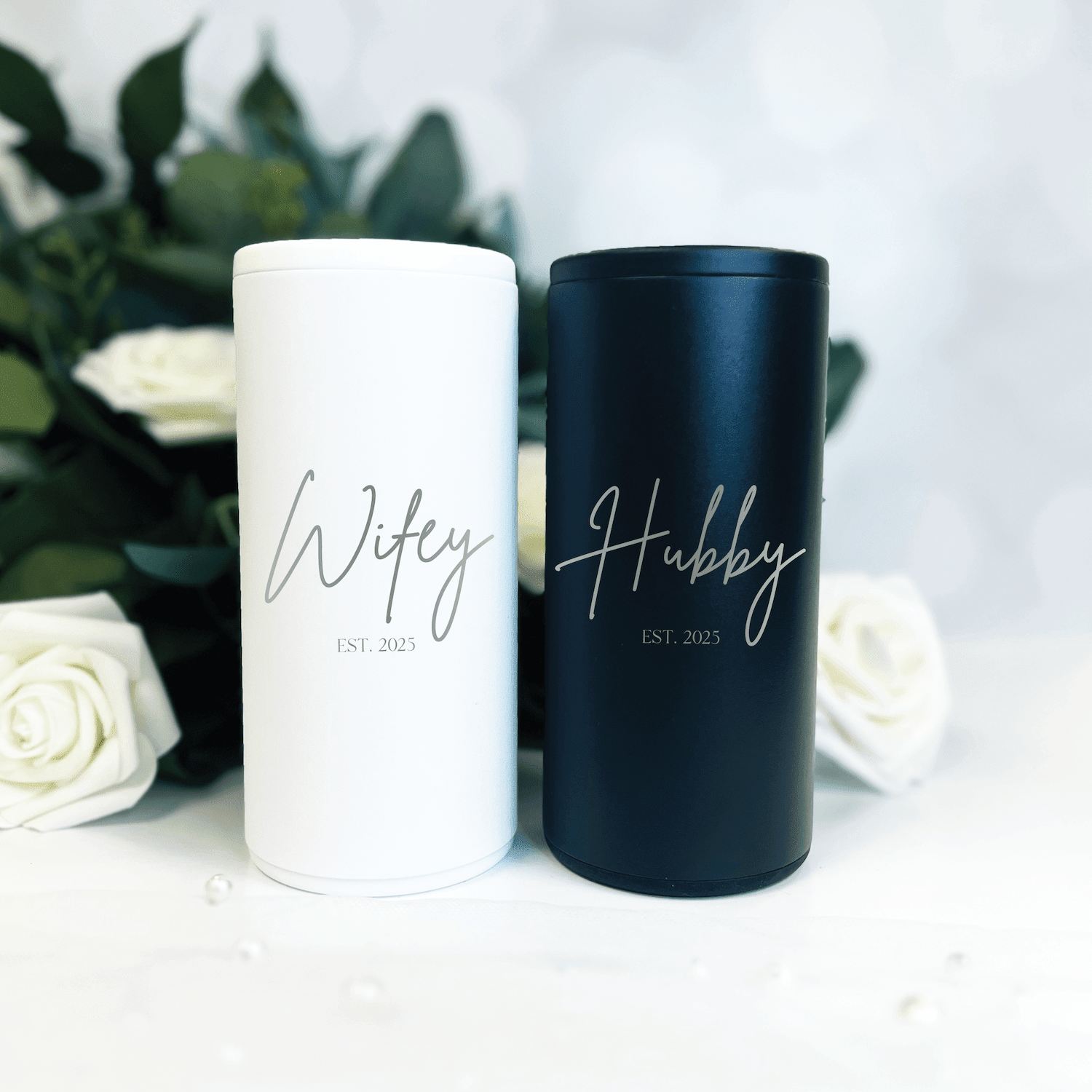 Wifey and Hubby Can Cooler Gift Set - Laser Engraved - Can Cooler