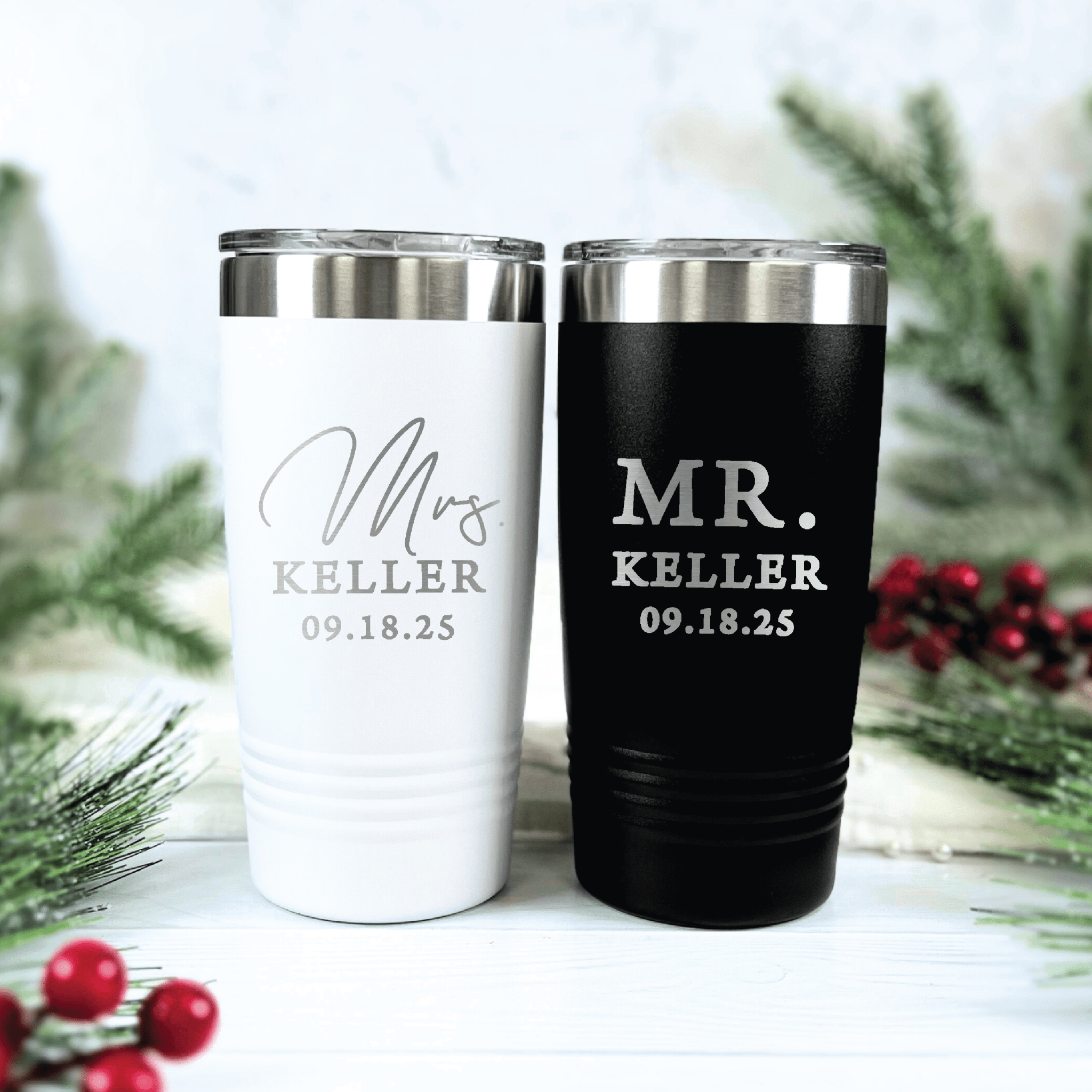 White and black insulated tumblers with stainless steel bands engraved "Mrs. Keller" and "MR. Keller" with date 09.18.25