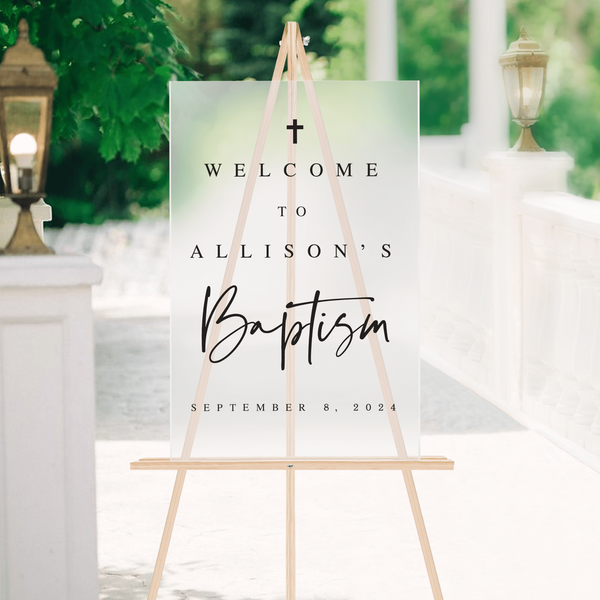 Modern baptism acrylic welcome sign personalized for a girl