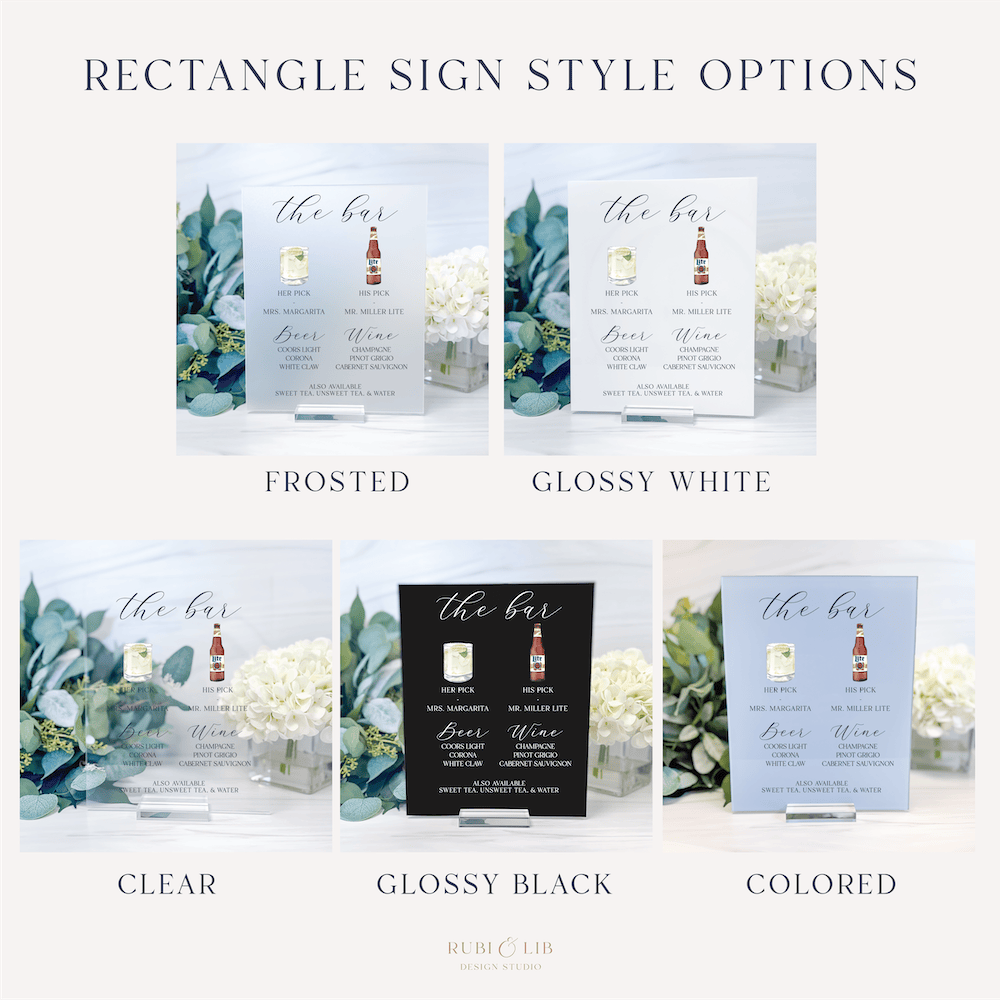 Five acrylic rectangle bar menu sign style options displayed: frosted, glossy white, clear, glossy black, and colored finishes with botanical design.