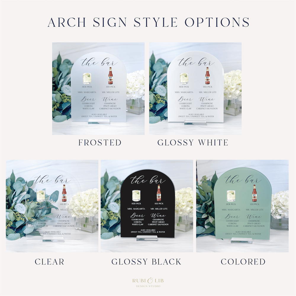Five arch-shaped acrylic bar menu signs in different finishes: frosted, glossy white, clear, glossy black, and colored options, each displaying drink recipes and botanical designs.