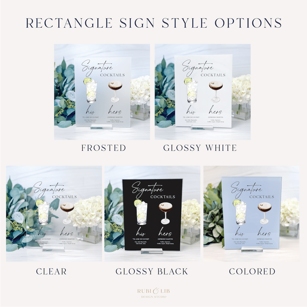 Five rectangular cocktail menu sign finishes displayed: frosted, glossy white, clear, glossy black, and colored options with botanical design and drink illustrations.