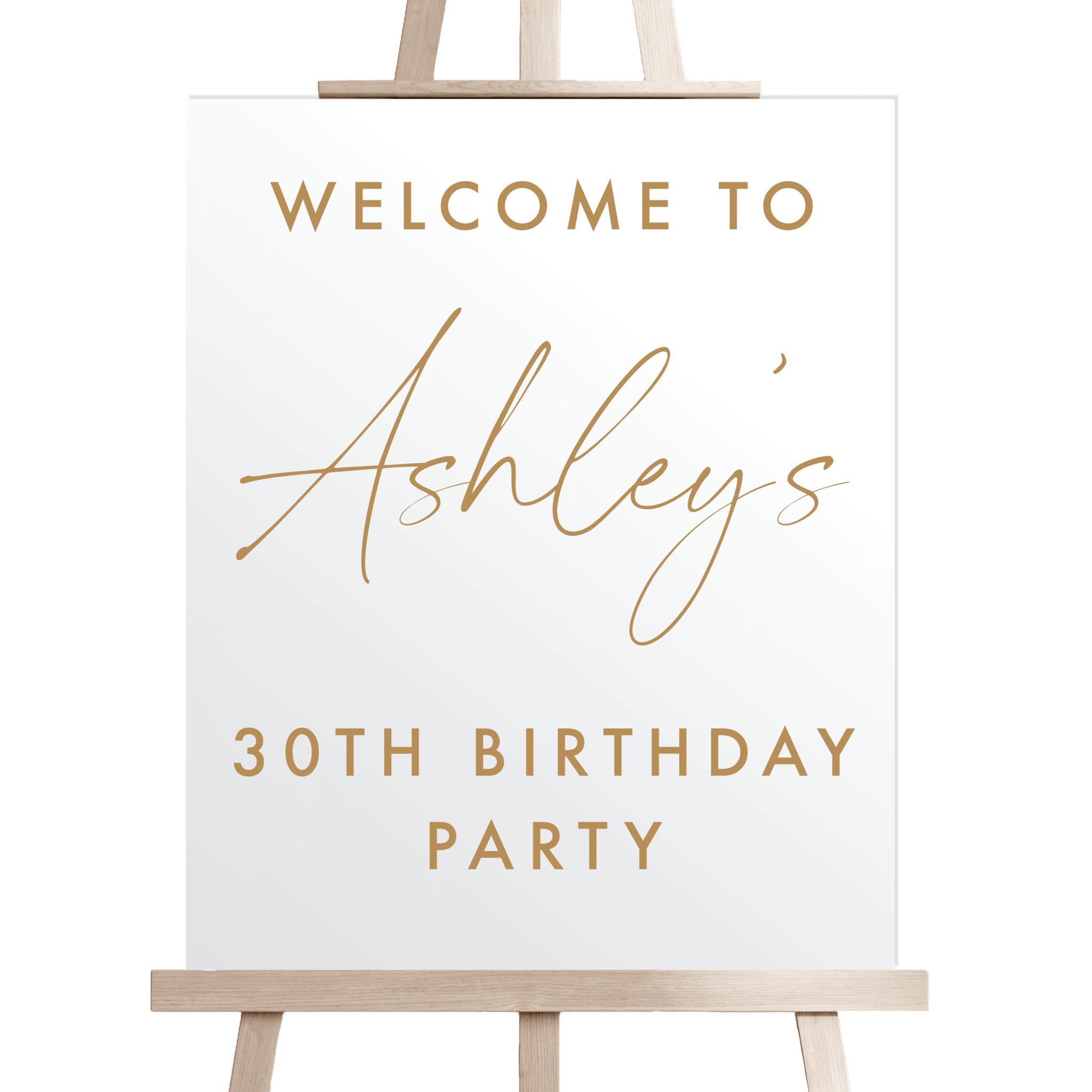 White acrylic welcome sign with gold text reading "Welcome to Ashley's 30th Birthday Party" on wooden easel
