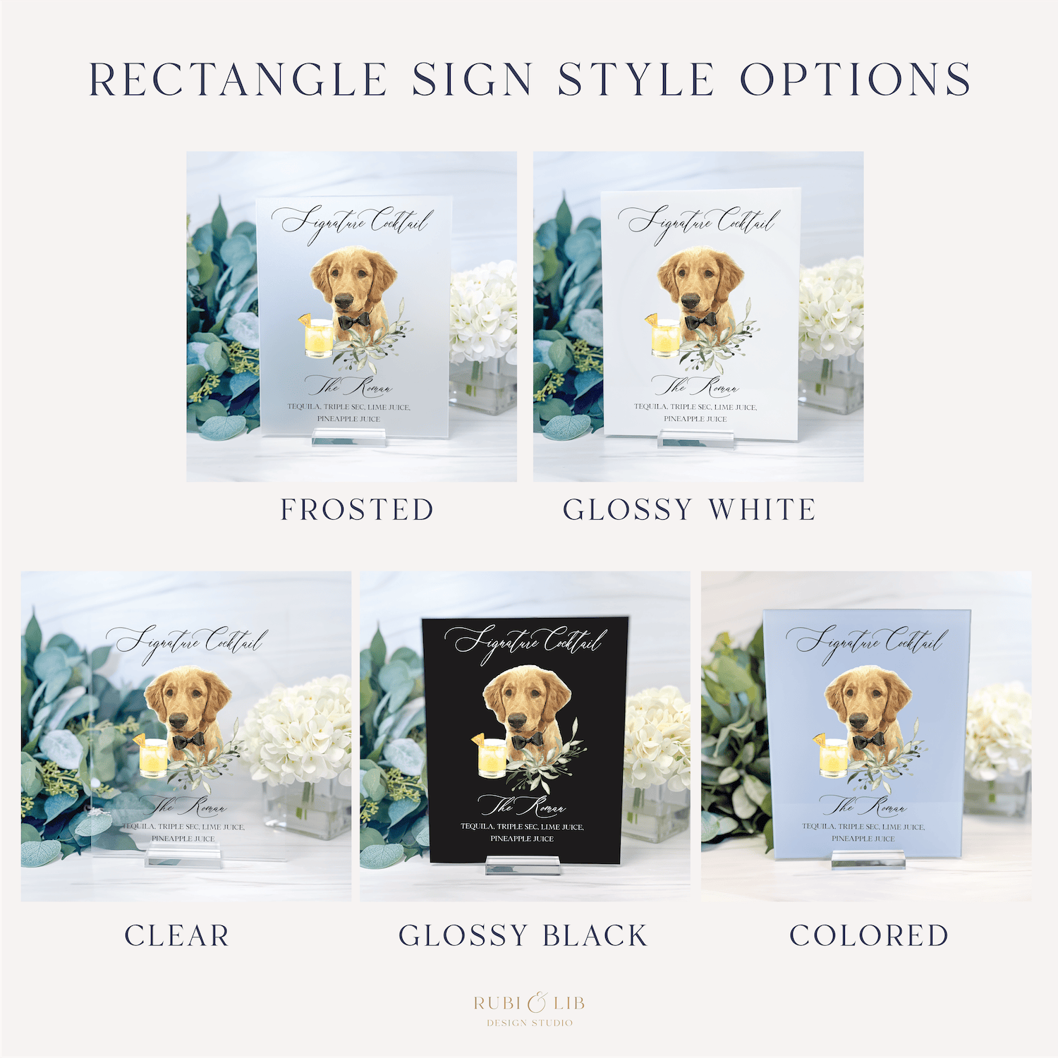 Five rectangular acrylic sign style options featuring a golden retriever dog with floral greenery and white flowers in frosted, glossy white, clear, glossy black, and colored finishes.