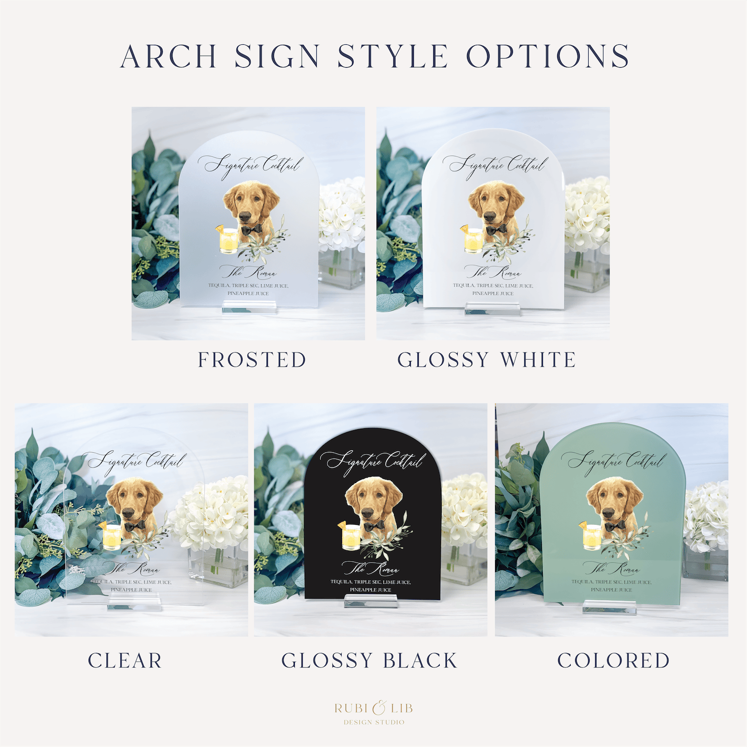 Six arch sign style options for pet wedding menu displays in frosted, glossy white, clear, glossy black, and colored finishes with dog portrait designs.