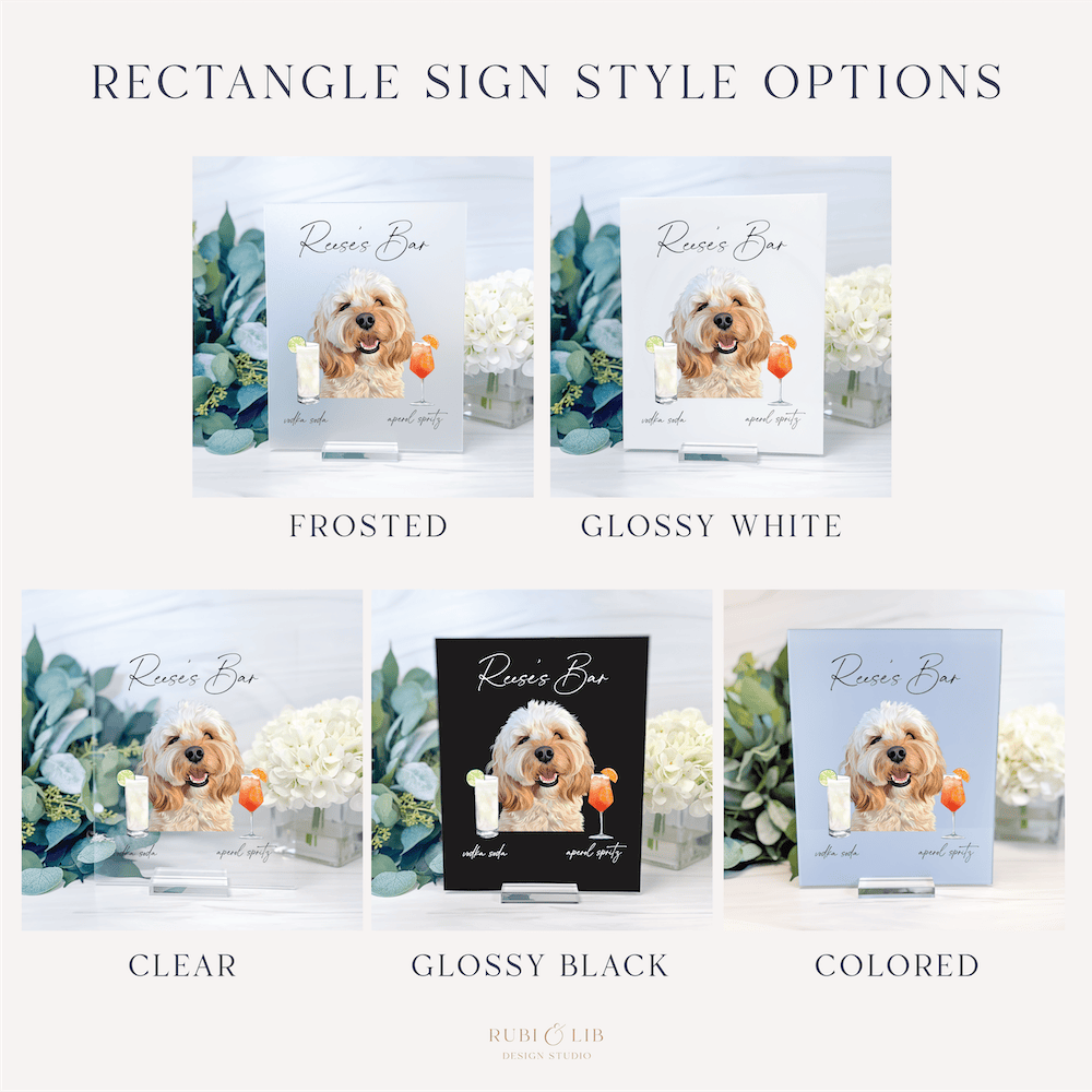 Five rectangle sign style options featuring pet photo with "Loves Spa" text in frosted, glossy white, clear, glossy black, and colored finishes.
