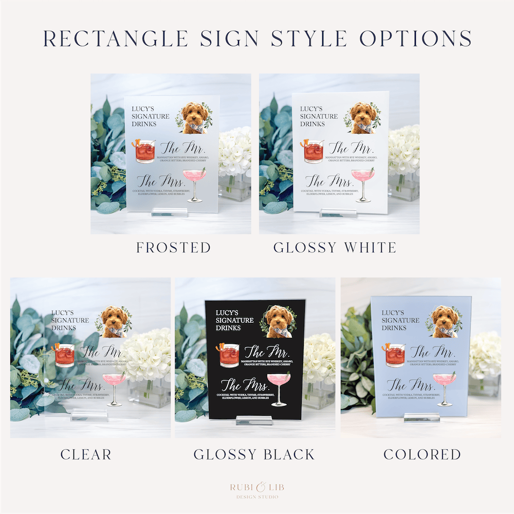 Rectangle acrylic sign display showing five finish options: frosted, glossy white, clear, glossy black, and colored finishes for personalized pet wedding bar menu signs.