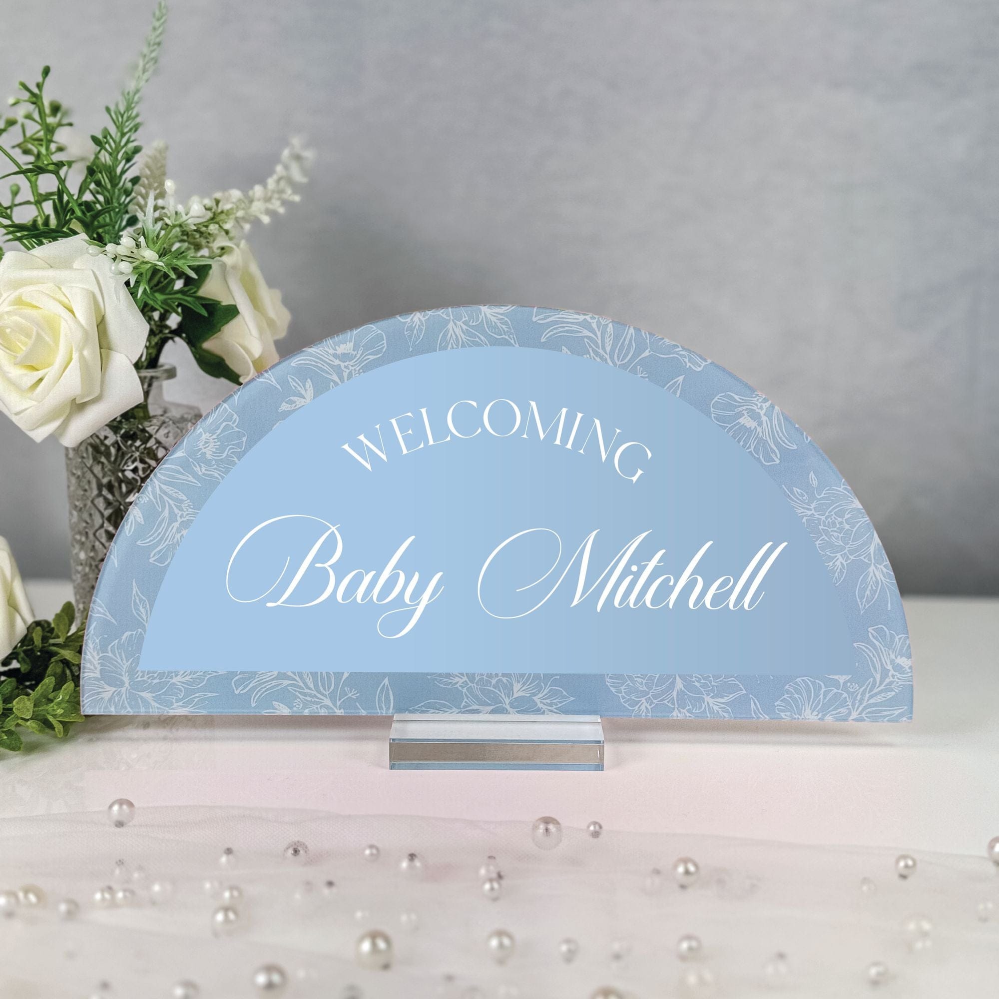 Personalized Baby Shower Sign Floral Arch Blue Acrylic Baby Mitchell - Rubi and Lib
