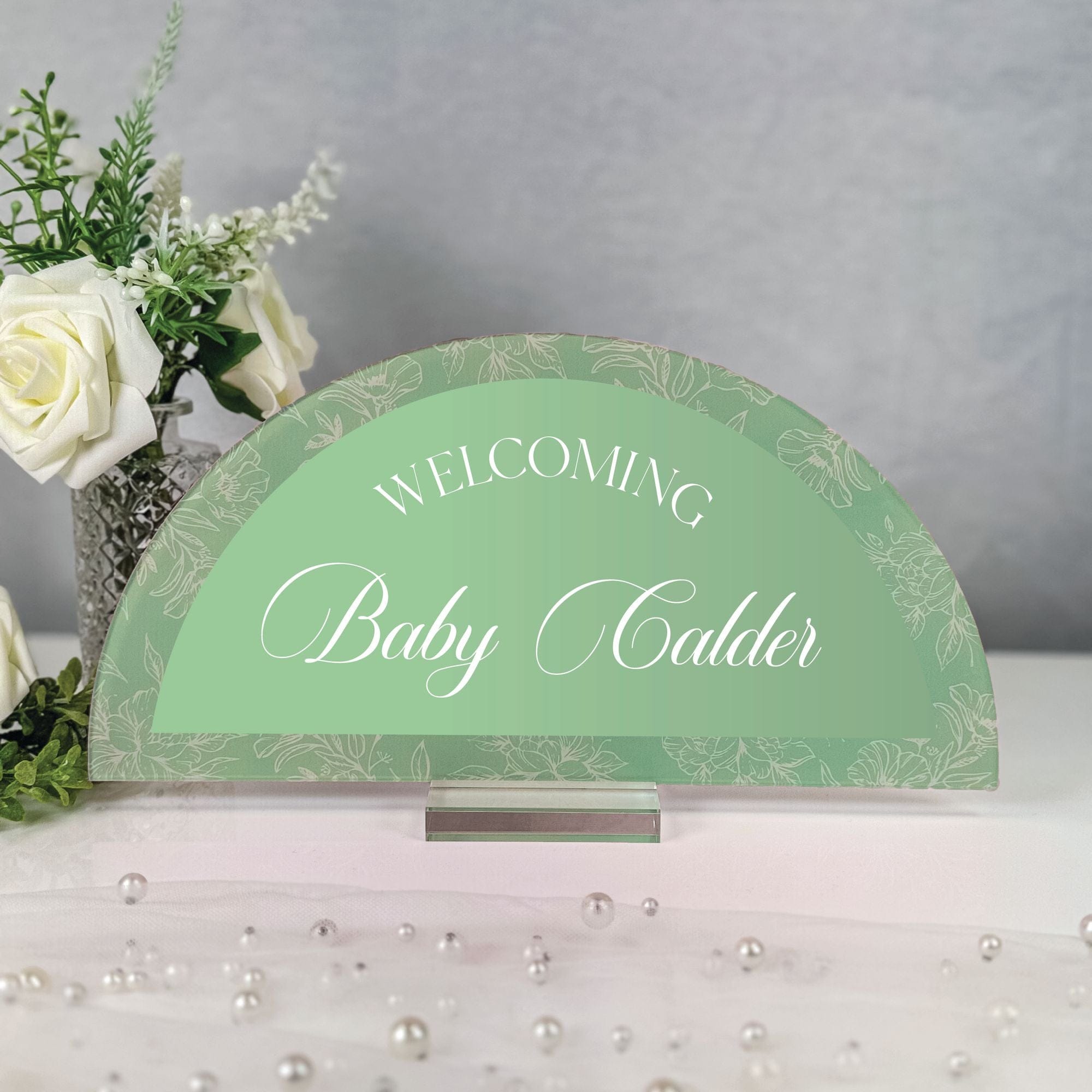 Personalized Baby Shower Sign Floral Arch Sage Green Acrylic Baby Calder - Rubi and Lib