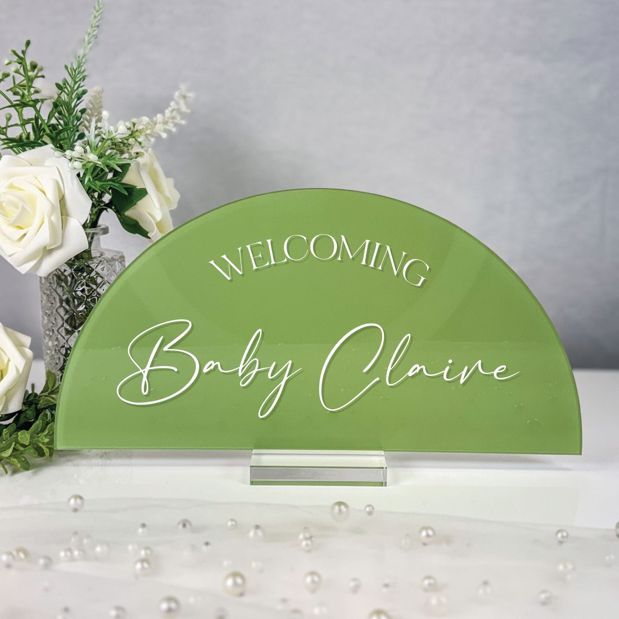 Personalized Baby Shower Sign Welcoming Script Arch Green Acrylic Baby Claire - Rubi and Lib