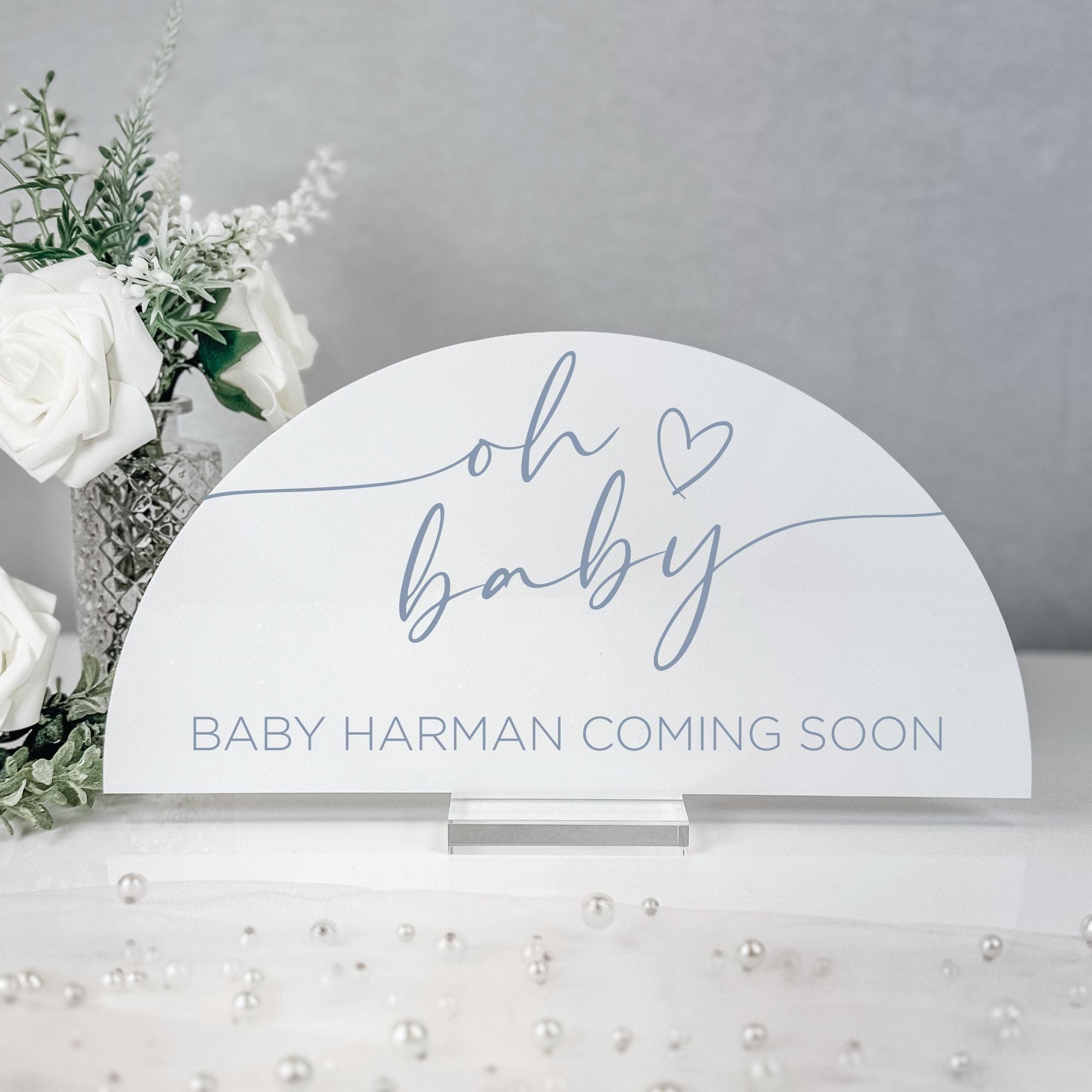 Personalized Baby Shower Sign Oh Baby Script Arch White Acrylic Baby Harman Table Display - Rubi and Lib