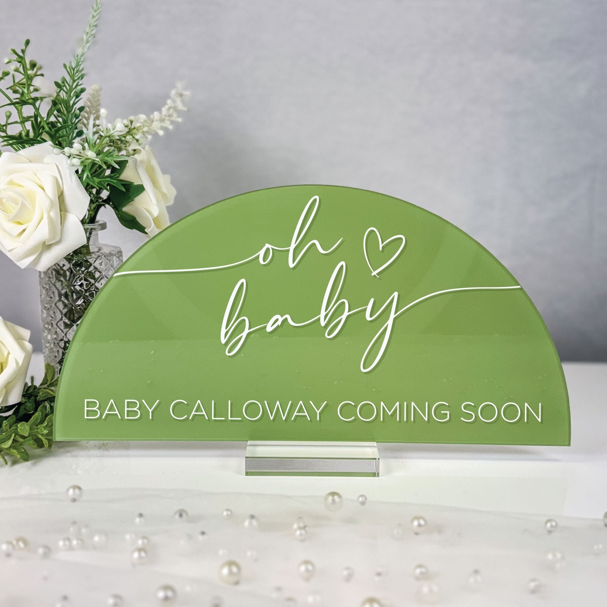 Personalized Baby Shower Sign Oh Baby Script Arch Green Color Acrylic Baby Calloway Coming Soon - Rubi and Lib