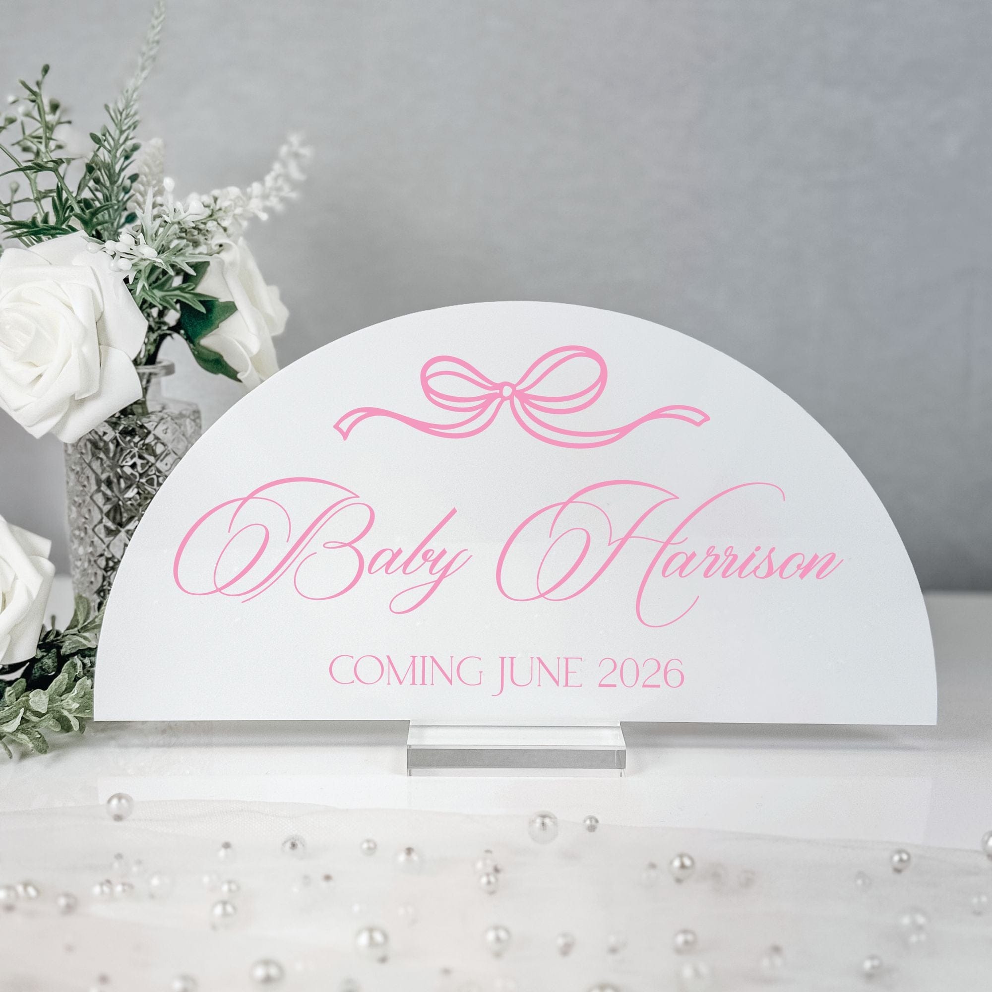 Personalized Baby Shower Sign Bow Script Arch White Acrylic Pink Print Baby Harrison - Rubi and Lib