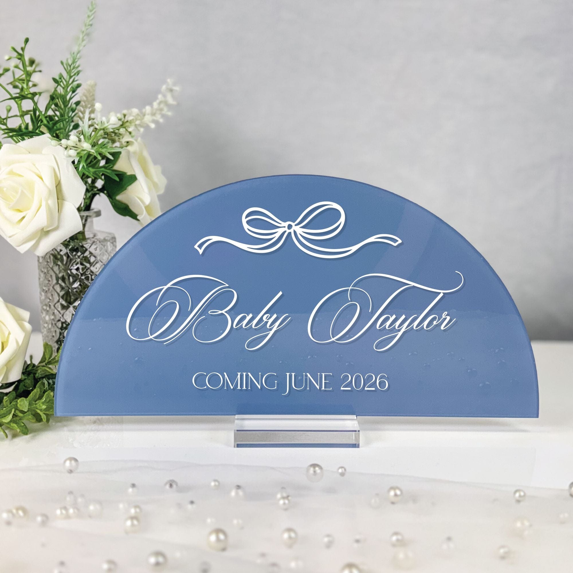 Personalized Baby Shower Sign Bow Script Arch Frosted Blue Acrylic White Engraving Baby Taylor - Rubi and Lib
