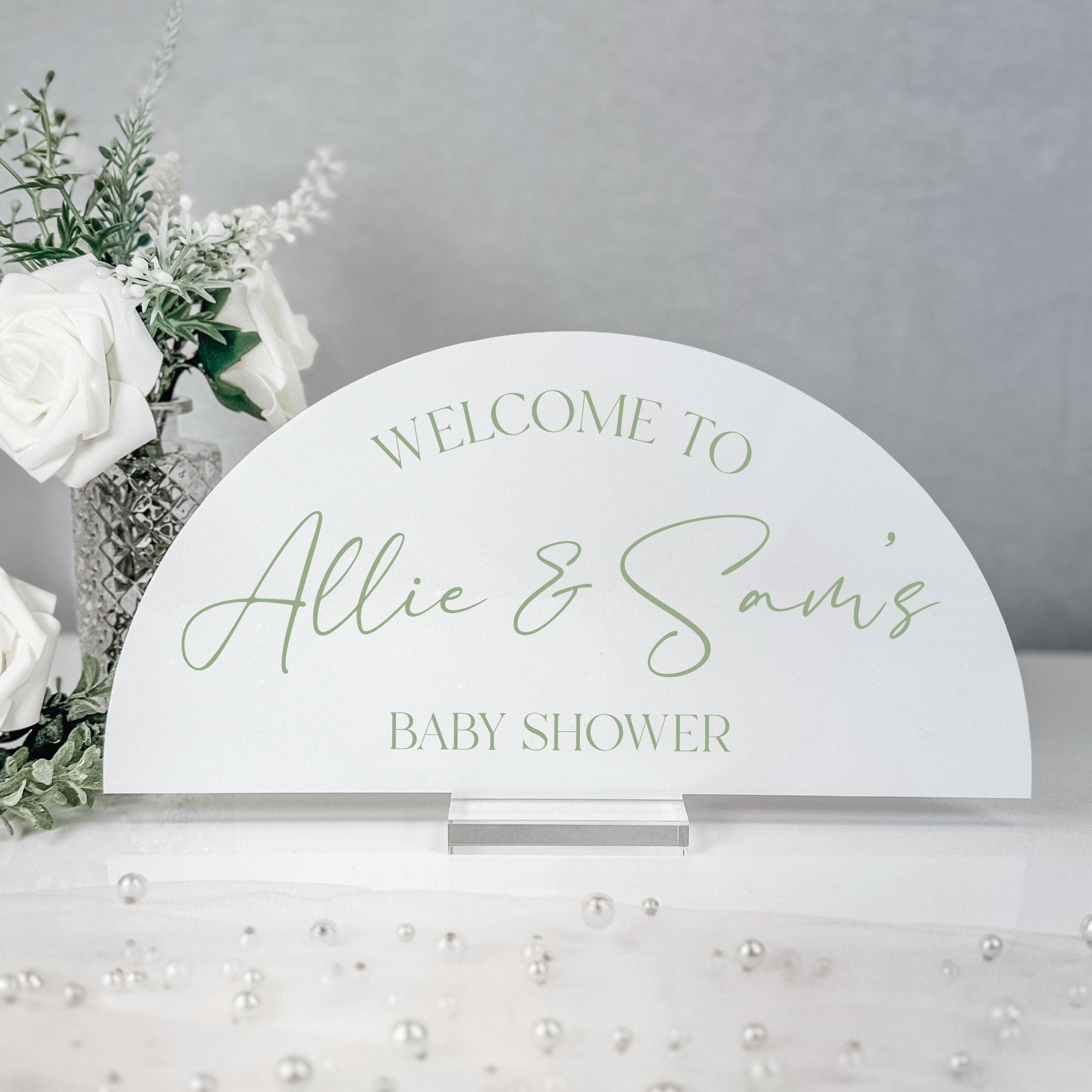 Personalized Baby Shower Sign Welcome Arch Script White Frosted Acrylic - Rubi and Lib