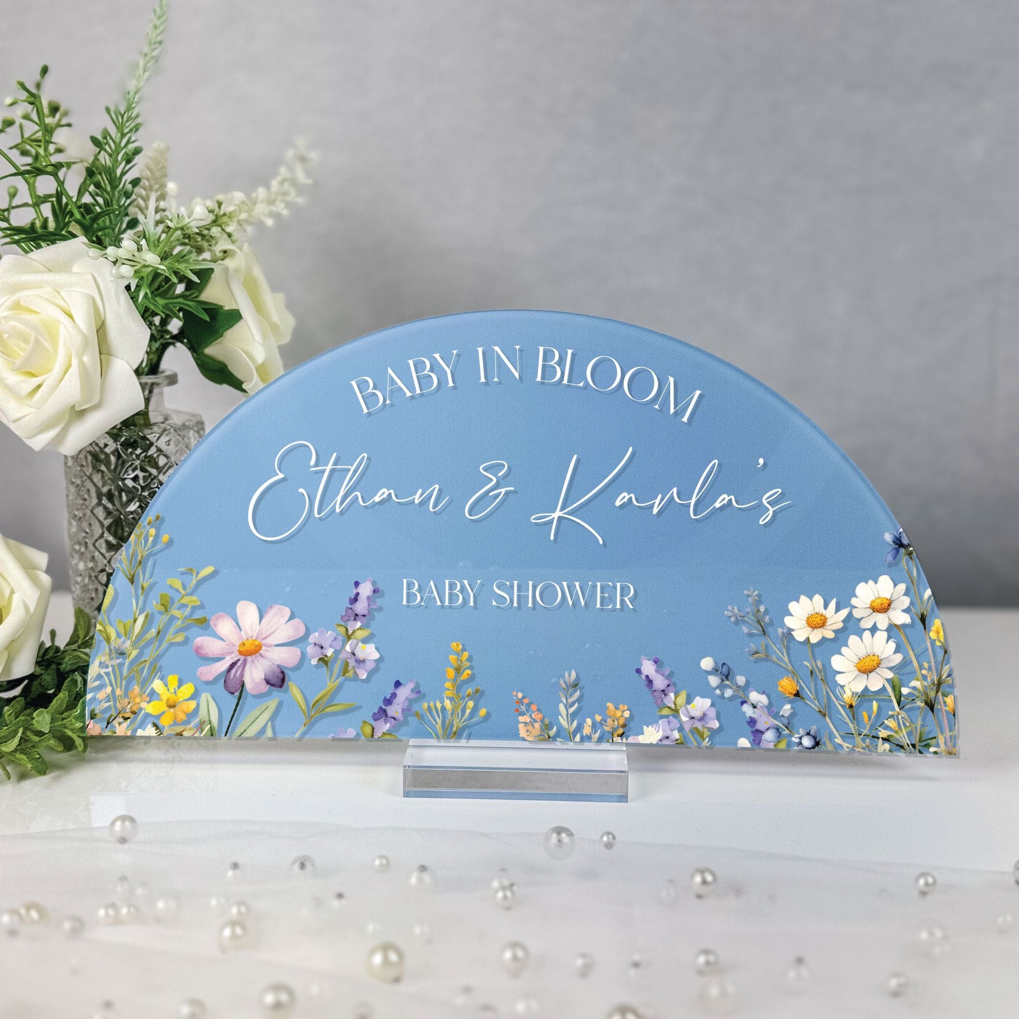 Personalized Baby Shower Sign Wildflower Meadow Arch Blue Acrylic - Rubi and Lib