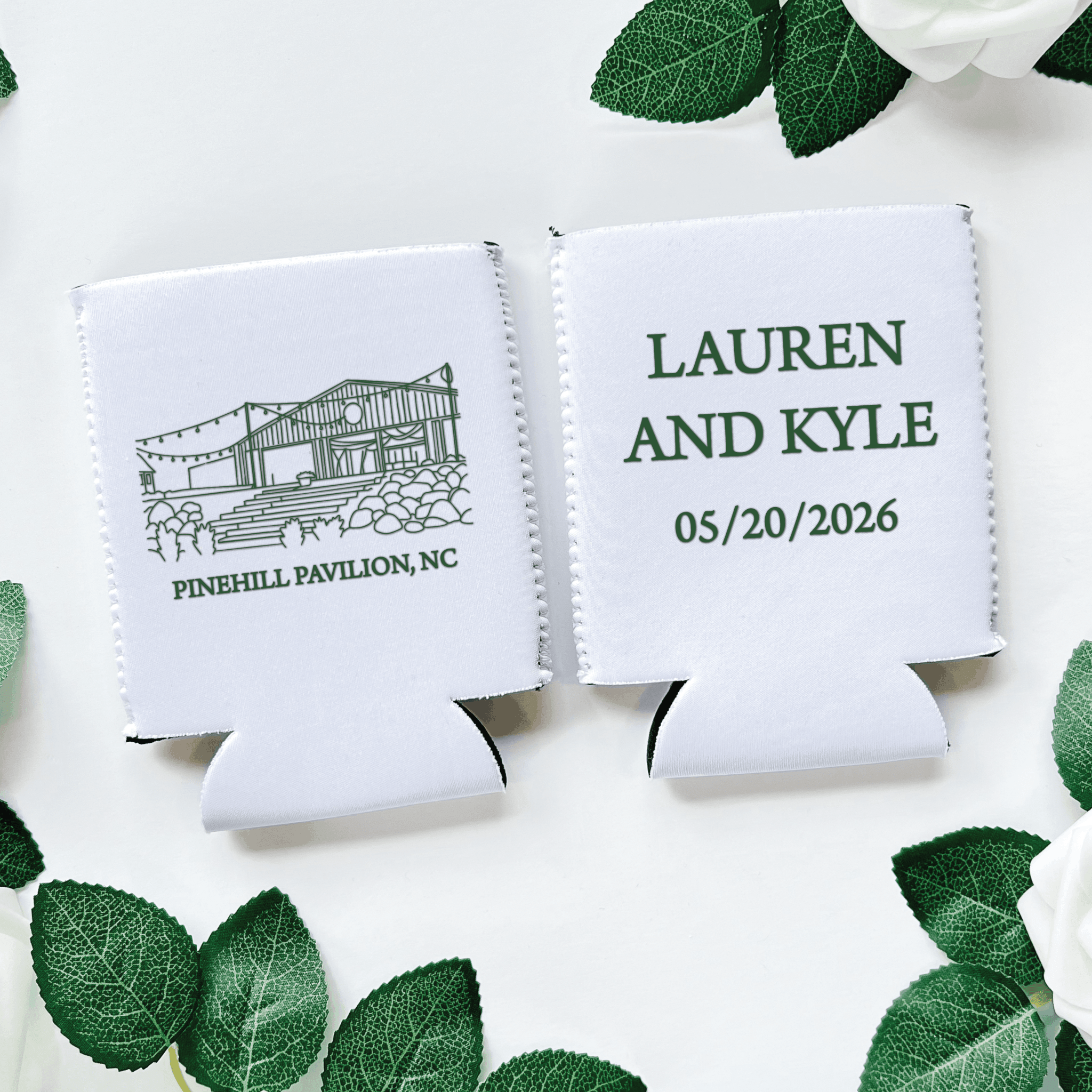 White can coolers with custom venue illustration and couple names Lauren and Kyle with wedding date 05/20/2026